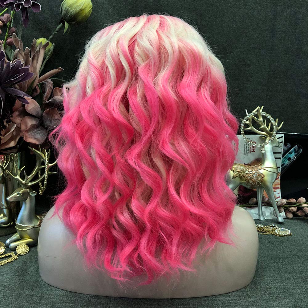IMSTYLE Pink Blonde Lace Front Wigs Short Bob Wavy Wigs Synthetic Hair Wig Free Part with Natural Hairline Shoulder Length for Women (Blonde Pink)