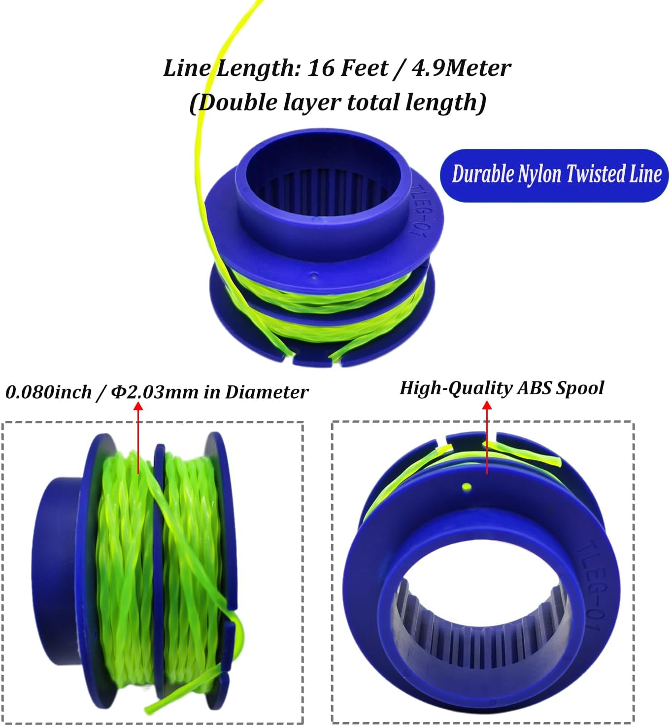 KLS 124-03 Spooled Trimmer Line 0.080-in 16Ft 3-Pack,Compatible with Kobalt 24-Volt Max Weed Wacker String Trimmer,Dual-line Replacement Spool Compatible with Kobalt Weed Eater String