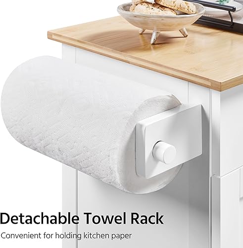 Miniatura 4 de Yaheetech Carrito de cocina con superficie de bambú, isla de cocina rodante de 32" de ancho con cajón y estante ajustable, gabinete de Blanco,Negro -