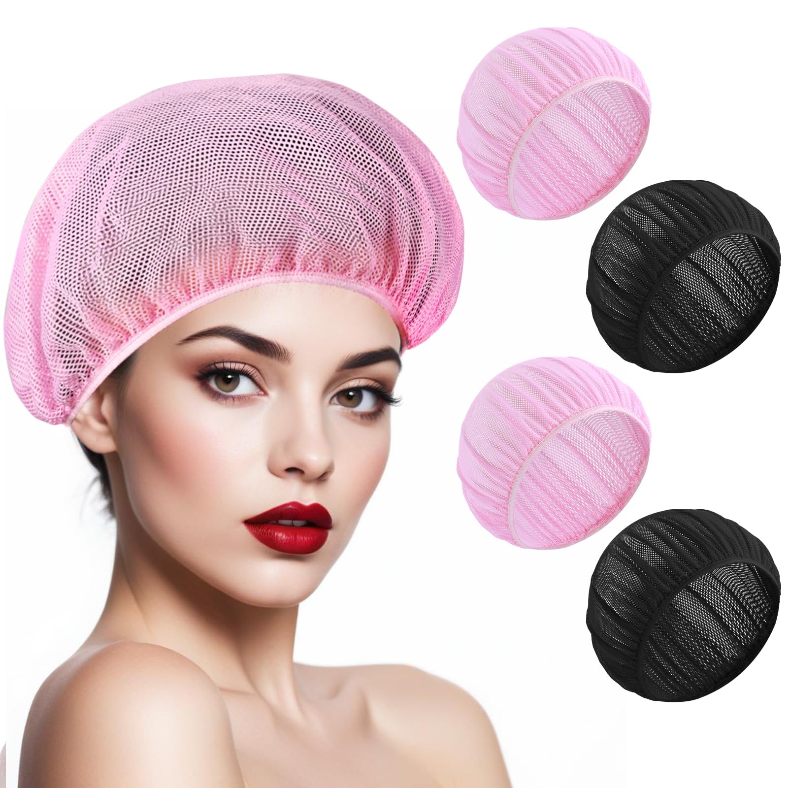ElevateTech Lot de 4 filets de sommeil en maille pour femme - Filet à cheveux bouclés pour dormir la nuit, Rose, noir., Taille unique