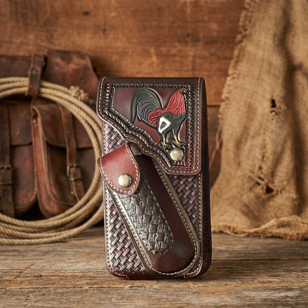 Western Phone Holster with Knife Pouch, Engraved Rooster Basketweave Belt Clip Case for Men (Coffee)