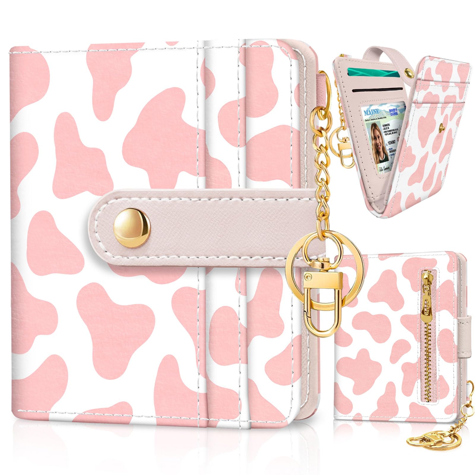 Jogjam Pink Cow Print Rfid Women Wallet, Small Slim Thin Credit Card Wallet, PU Leather Bifold Cash Zipper Coin Pocket ID Window for Female Ladies