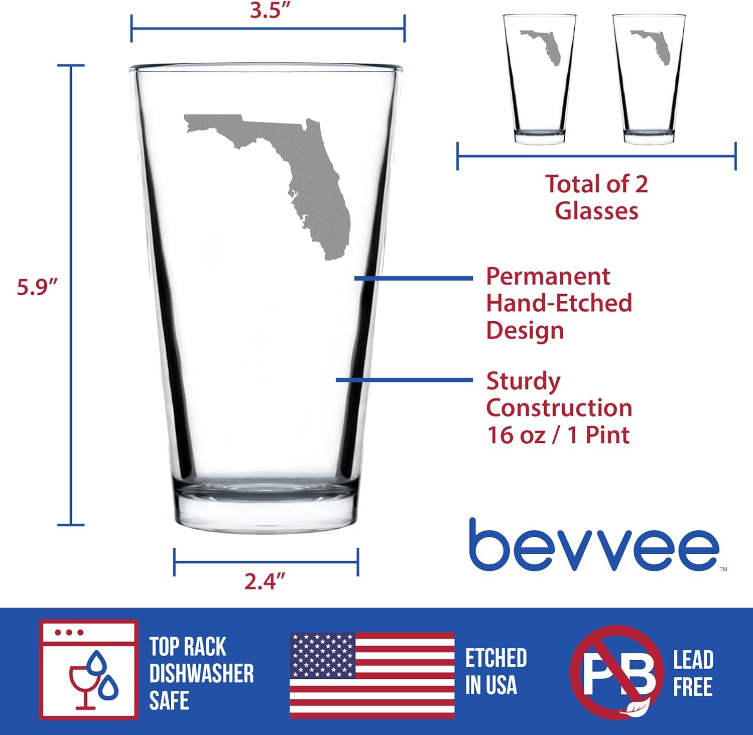 Bevvee Florida State Outline Pint Glass for Beer - State Themed Drinking Decor and Gifts for Floridian Women & Men - Set of 2-16 Oz Glasses