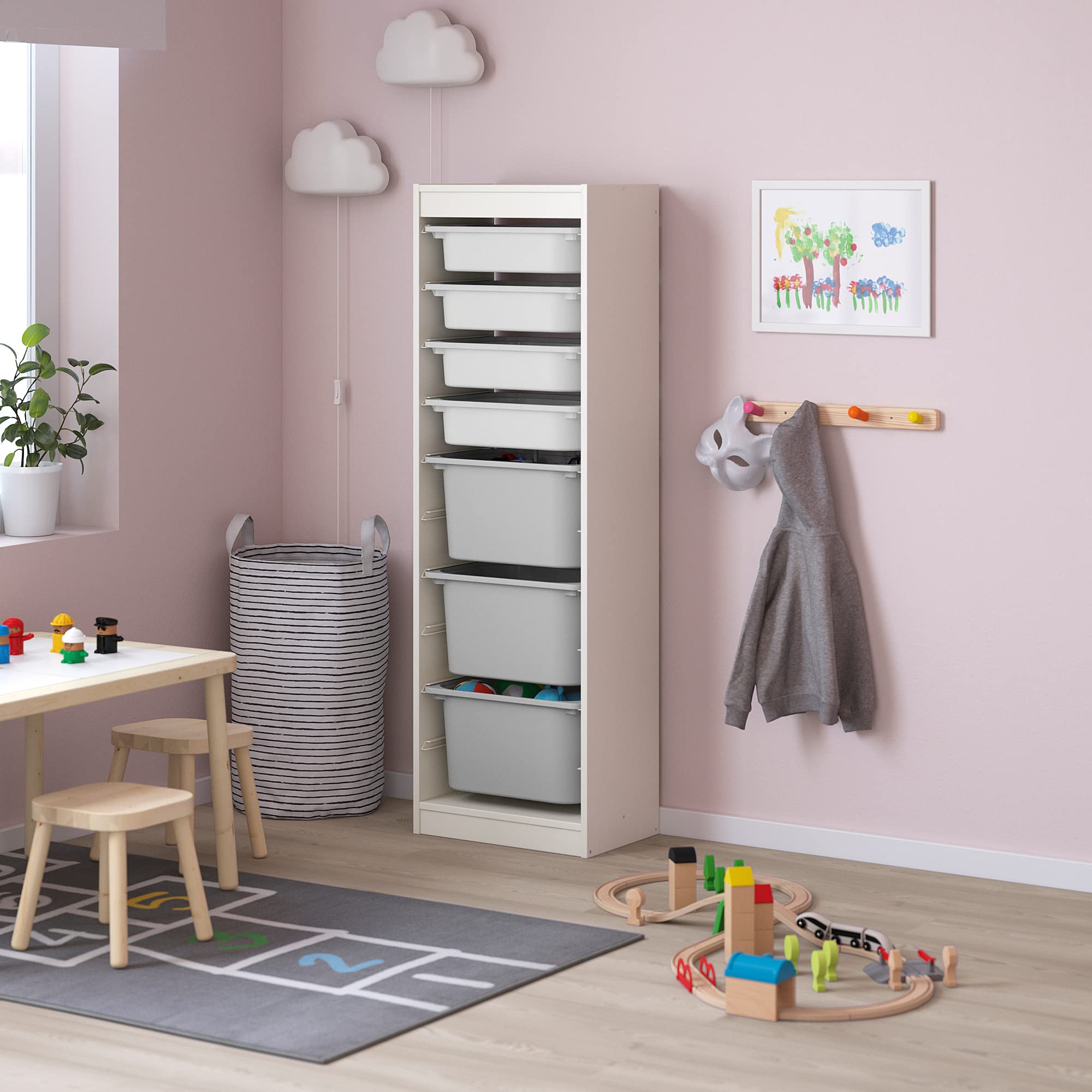 Ikea TROFAST Combinaison de rangement avec caisses, 46 x 30 x 145 cm, blanc/gris