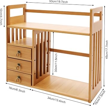 Bamboo Desktop Bookshelf, Organizer Office Desk Storage Display Shelf Rack with 3 Drawers Desk File, Office Counter Top Bookcase for Home School