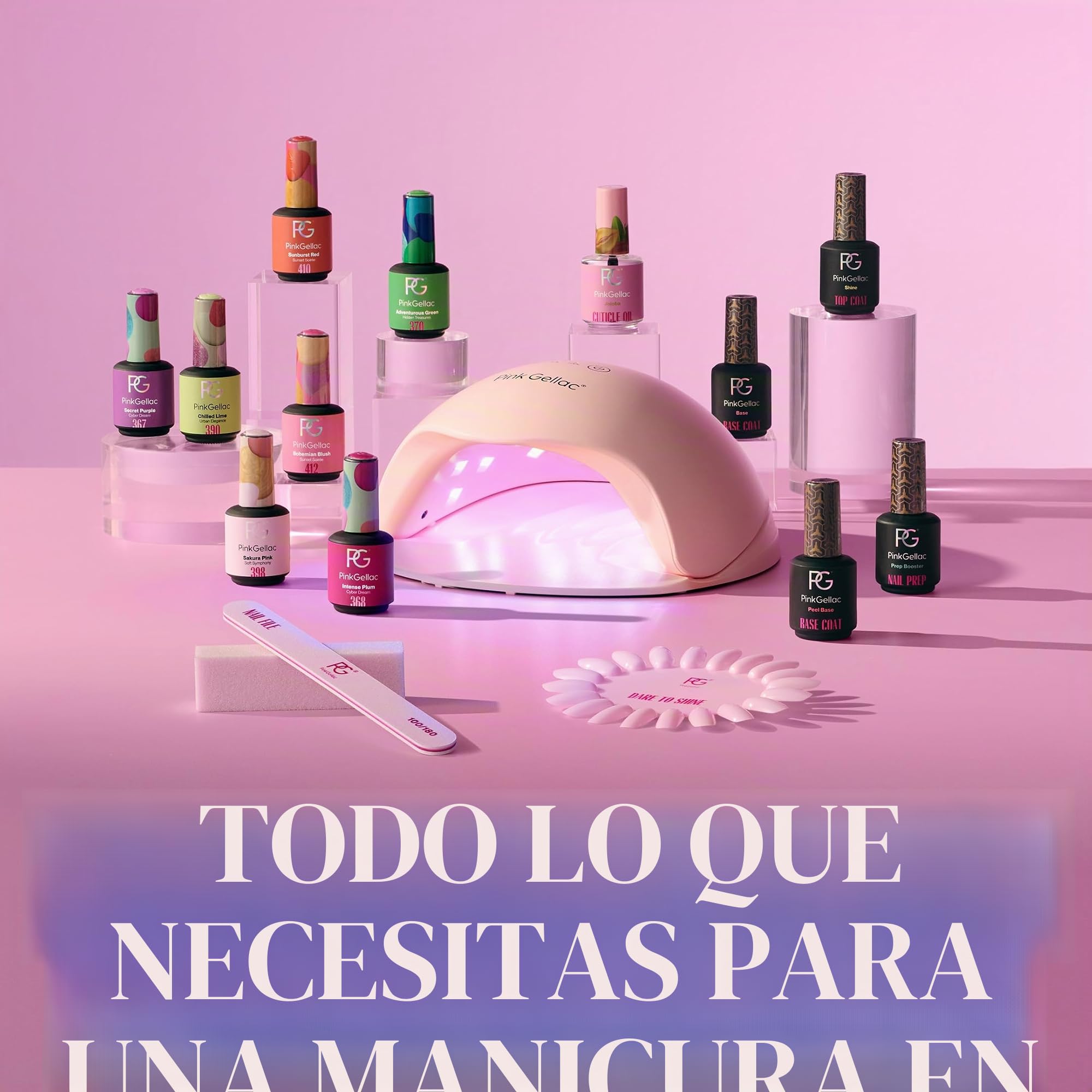 Pink Gellac Kit de Uñas Semipermanentes - Set Manicura y Pedicura con Pro Lampara Uñas Semipermanentes Rosa, 4 Tonos Rojos 15 ml, Top Coat y Base Coat Peel Off, Removedor, Limpiador - Calidad de Salón