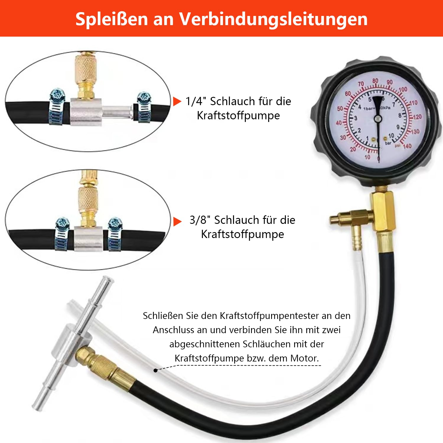 TU-114 - Tester per la pressione del carburante, con adattatore, pompa del carburante, tester di pressione benzina, auto, camion, moto, strumento diagnostico