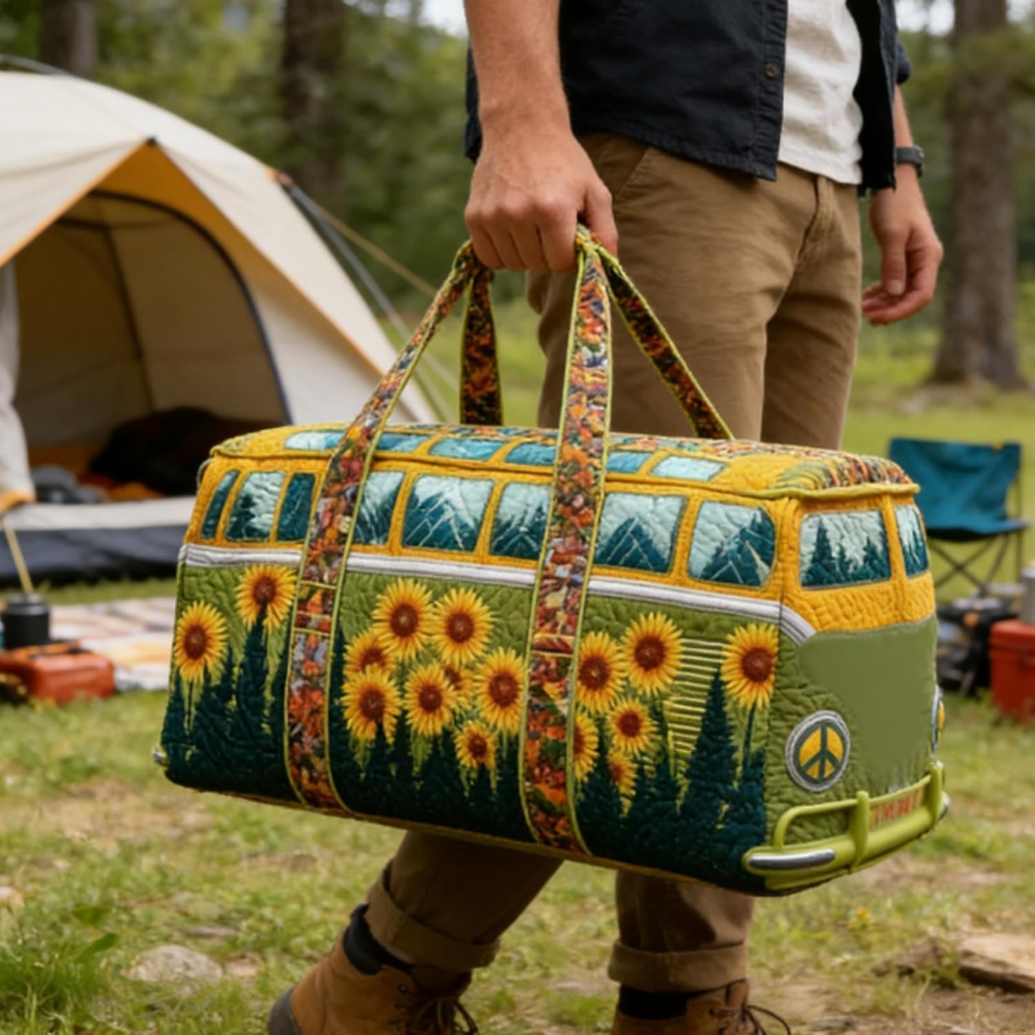 Hippie Bag, Hippie Van Quilted Duffle Bag, Quilted Weekender Bag, Boho Travel Bag Retro Style for Everyday Travel