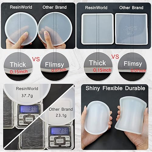 Miniatura 2 de RESINWORLD Juego de 8 moldes de resina de 4 pulgadas de grosor, 4 moldes de silicona redondos + 4 moldes de resina de posavasos cuadrados, moldes de