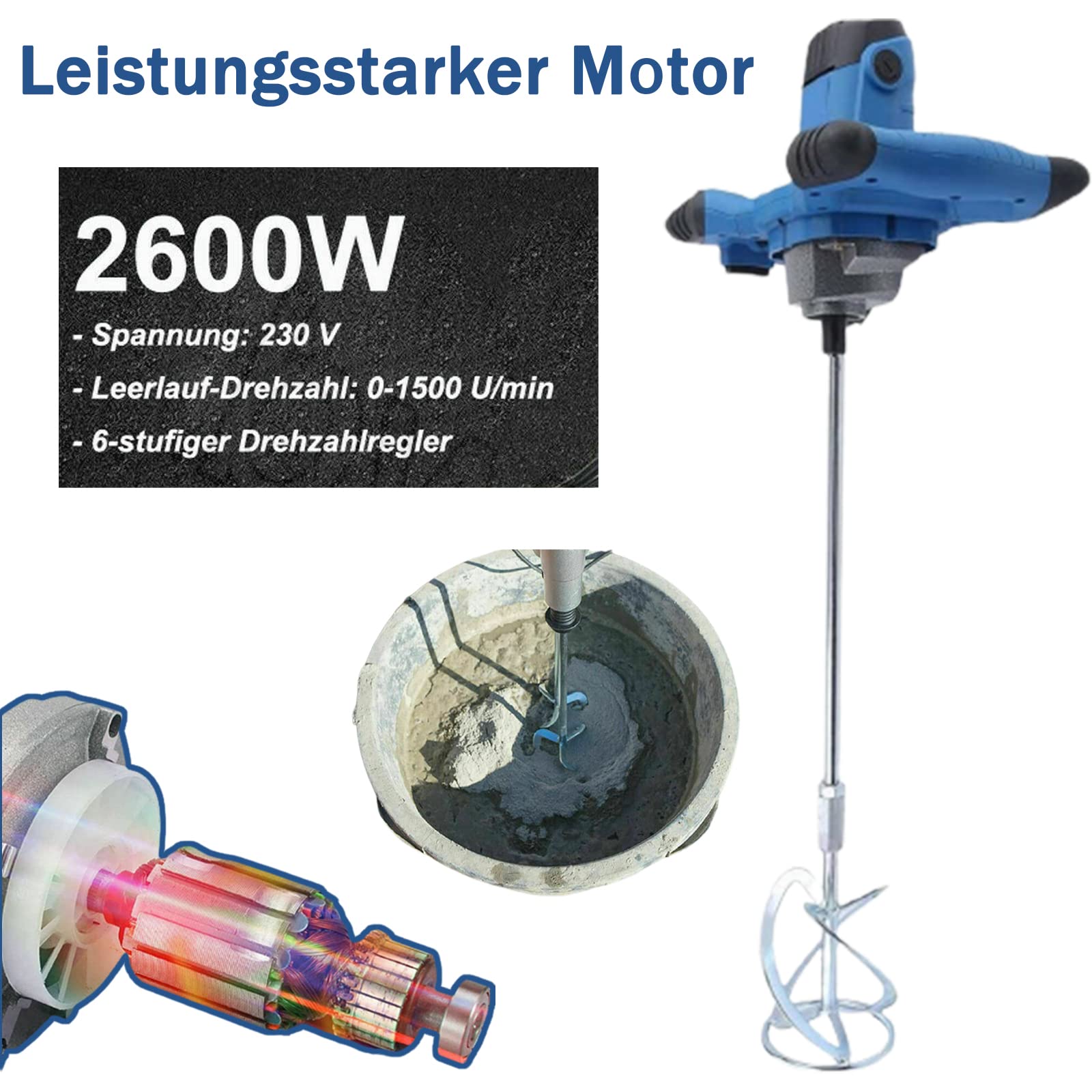 2600W Miscelatore Professionale, Miscelatore per Malta, 230V Miscelatore Cemento, Miscelatore per Colla, Mescolatore Betoniera, Qualità Industriale, 6 Vlocità, Agitatore M14 Regolabile