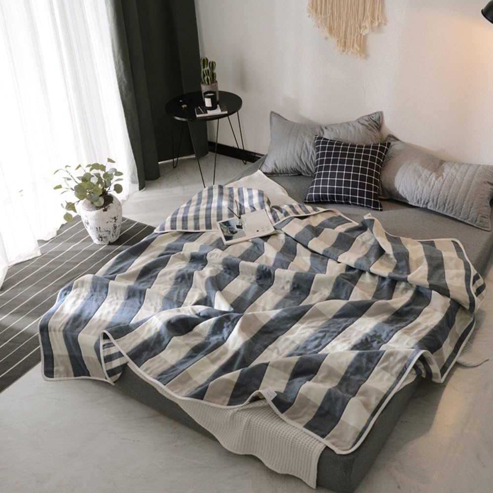 UOZZI BEDDING 6 Layers of 100% Spring Summer Muslin Cotton Premium Toddler Blanket Quilt/Throw Blanket Lightweight Blanket for Teens, Adults (Navy Blue Plaid Style, 56"x75")