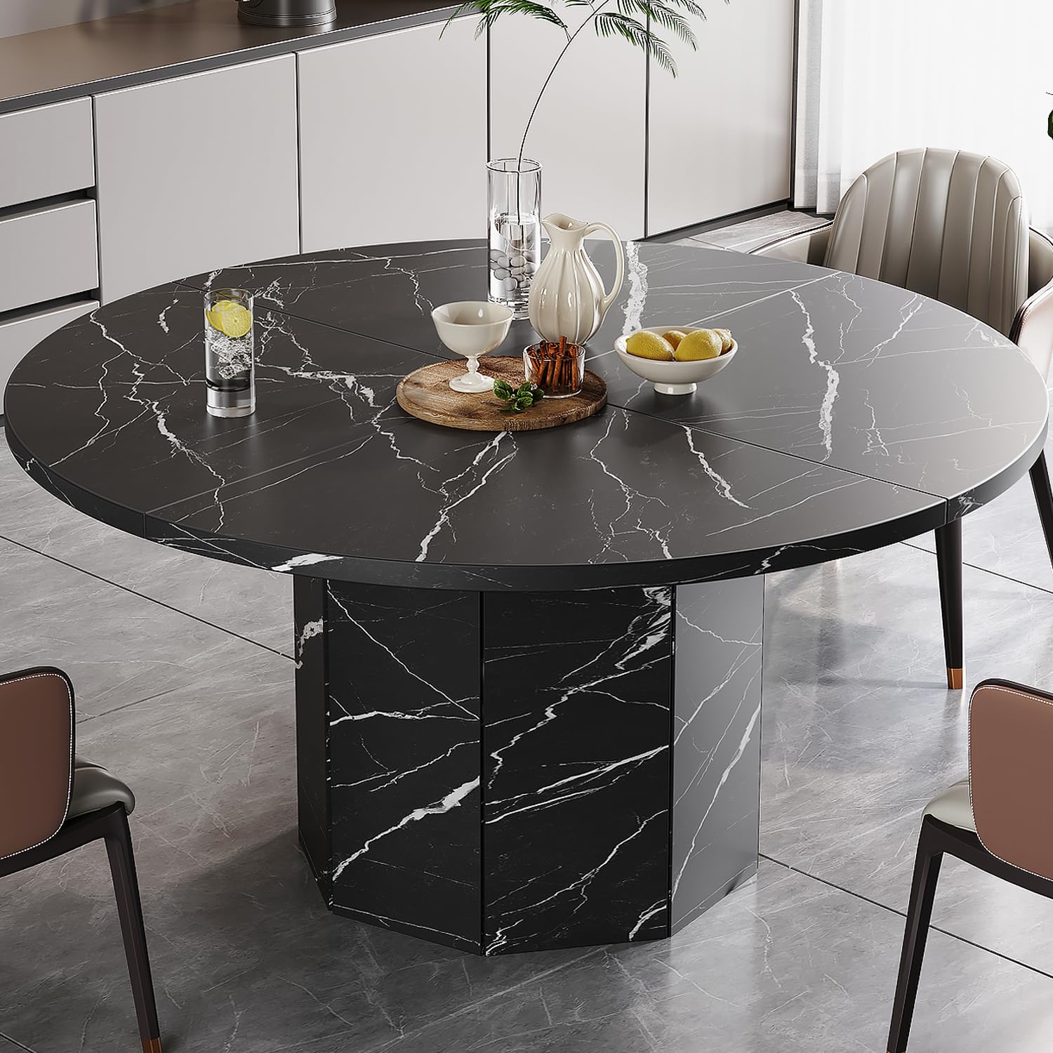 HSH Round Dining Table for 4-6 People, 47” Black Faux Marble Kitchen Table only, Modern Wooden Dinner Table for Living Dining Room with Octagon Base,