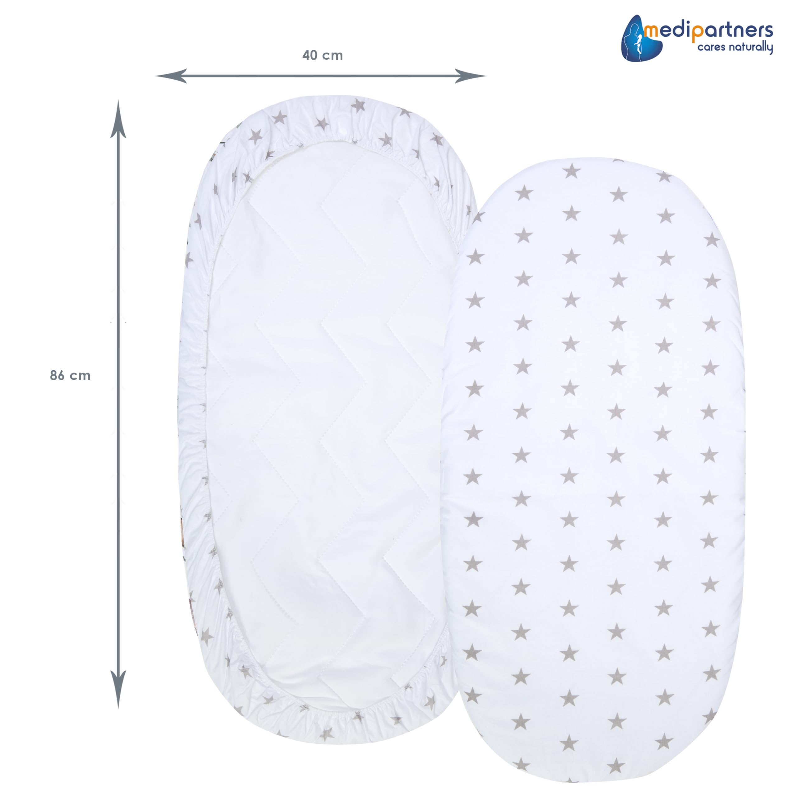 Medi Partners Set of 3 pcs. Fitted Sheet Pram 86 x 40 cm 100% Cotton Mattress Protector Baby, Grey Stars-white-grey, Three pack - Image 4