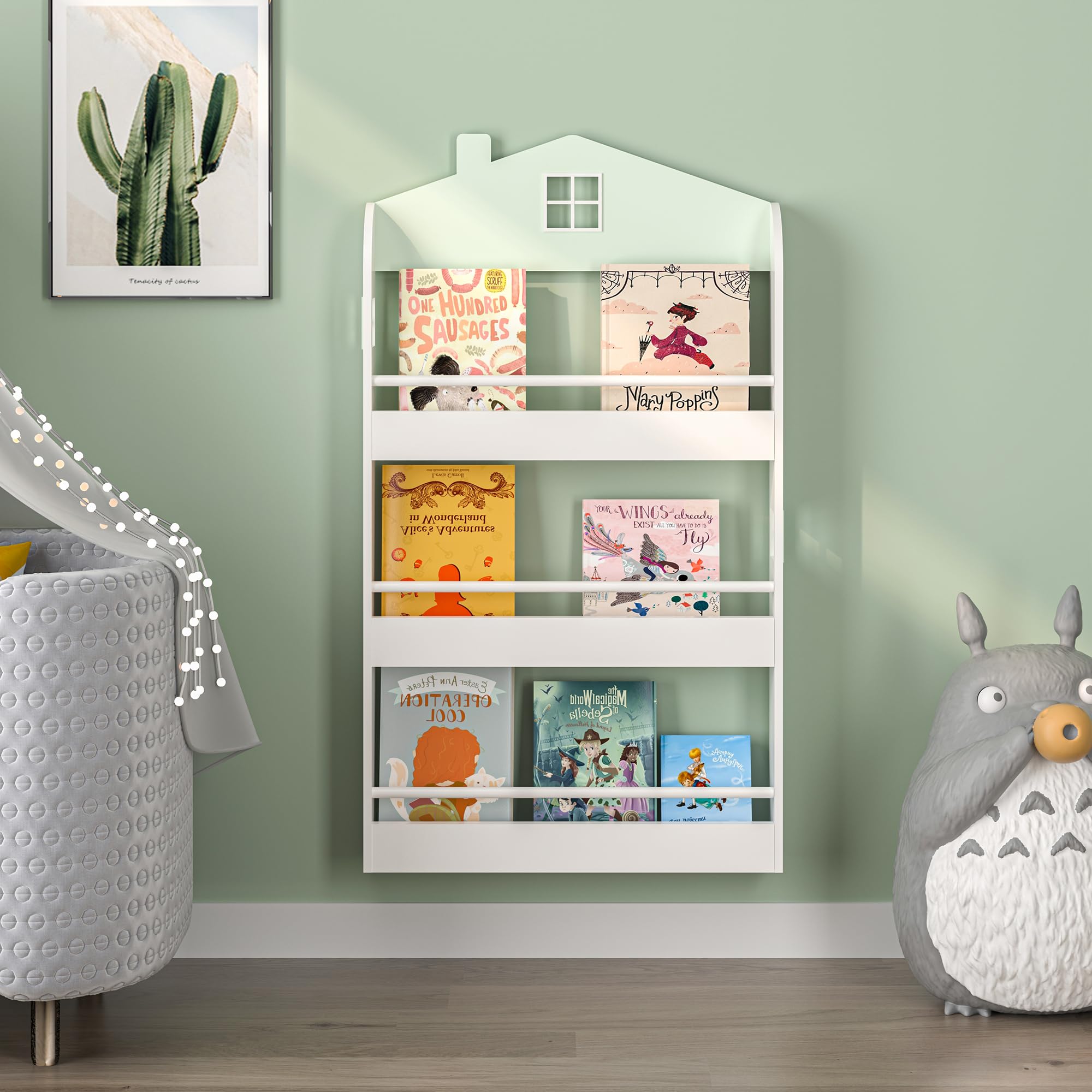 [en.casa] Libreria Frontale per Bambini Scaffale per Cameretta Design a Casetta con Barre Anticaduta Montaggio a Parete o a Terra 106x60x12 cm Menta Verde/Bianco