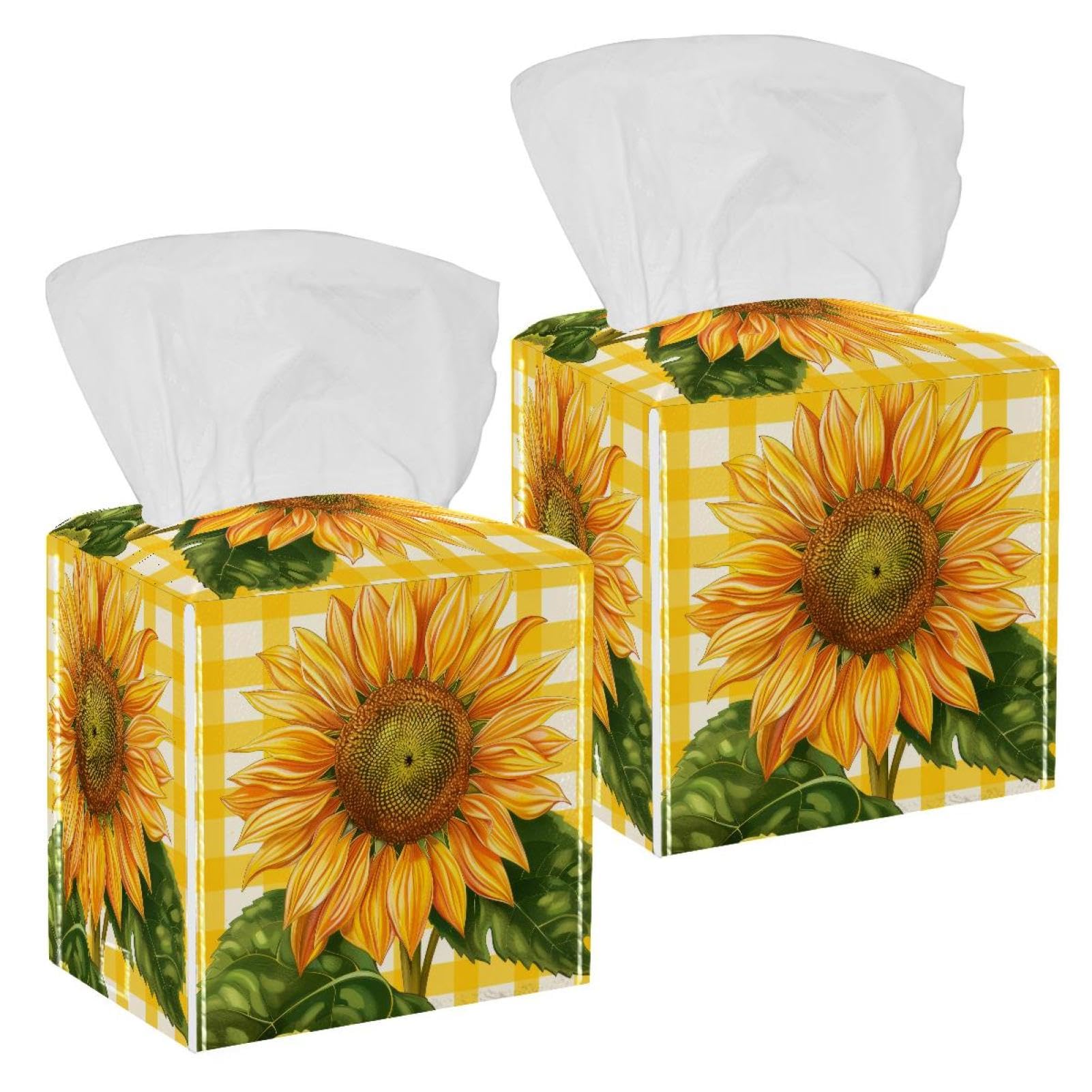 Sunflower Tissue Box Cover, 2 Pack PU Leather Square Facial Tissue Dispenser Box holder for Home Office Car