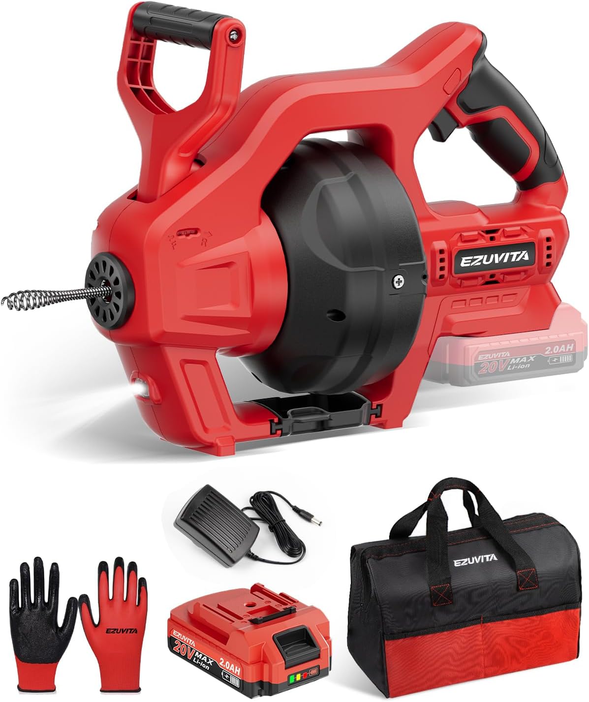 20V Cordless Electric Drain Snake, 25Ft Replaceable Cable with 2.0Ah Battery & Fast Charger, Storage Bag & Gloves, Snake Drain Hair Removal Tool with LED Light for Sink&Sewer 3/4"-2" Pipe