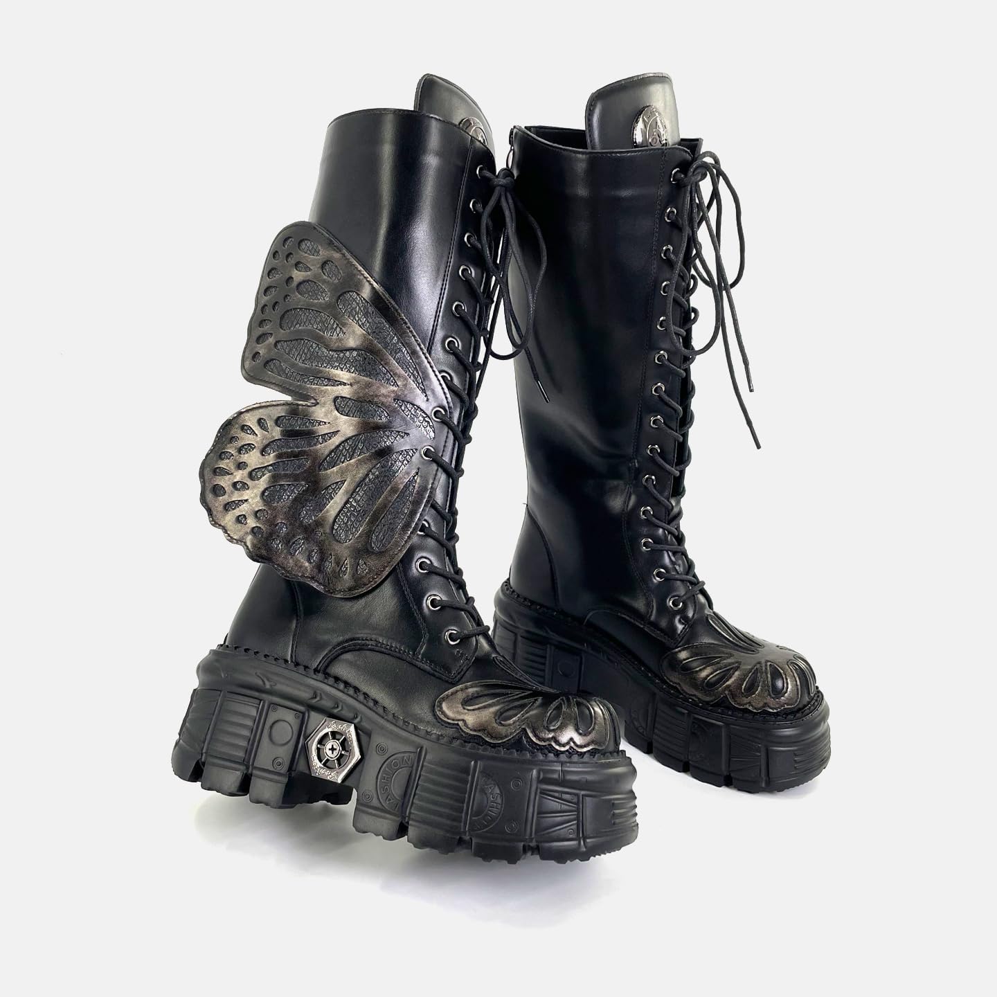 Women's Platform Punk Goth Knee High Boots Butterfly Chunky High Heel Back Zip Wedge Party Alt Boots Y2K Rave Shoes