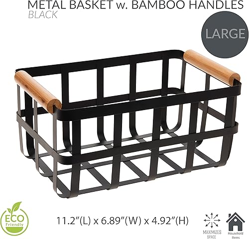 Miniatura 7 de Simplify Cesta de almacenamiento cuadrada de metal con asas de bambú  Mediano  Cesta de alambre estilo granja  Organizador para el hogar  Decorativo
