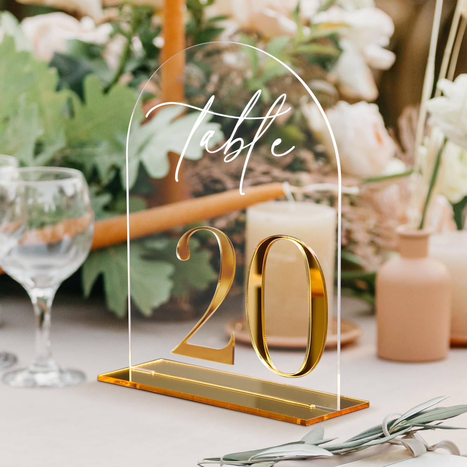 HOODO Segnaposto per matrimonio in acrilico trasparente, 1-20 con supporto, 12,7 x 17,8 cm, in acrilico ad arco con oro 3D, trasparente, 3D, a specchio, segnaposto per ricevimenti di nozze