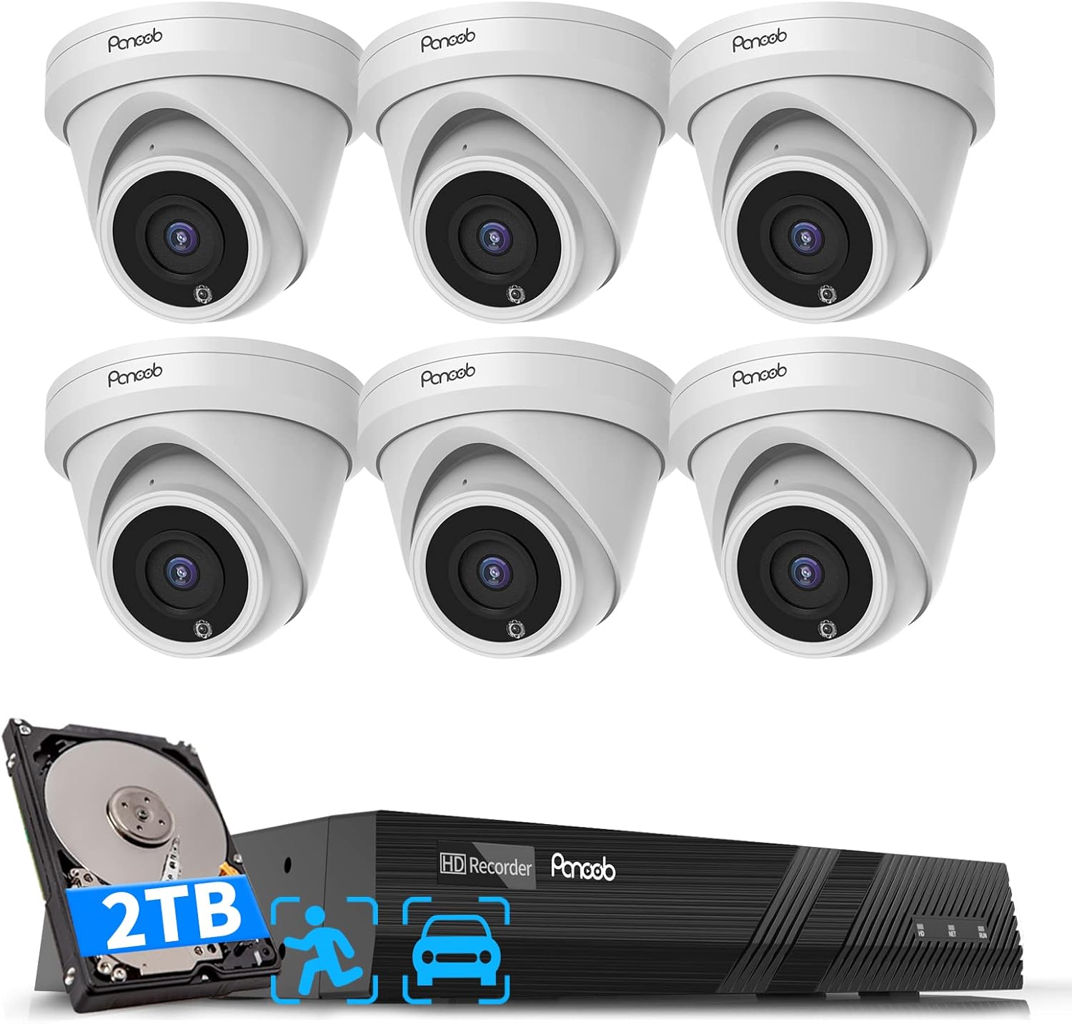 PANOOB 8 Channel Security Camera Systems PoE, 2pcs Wired