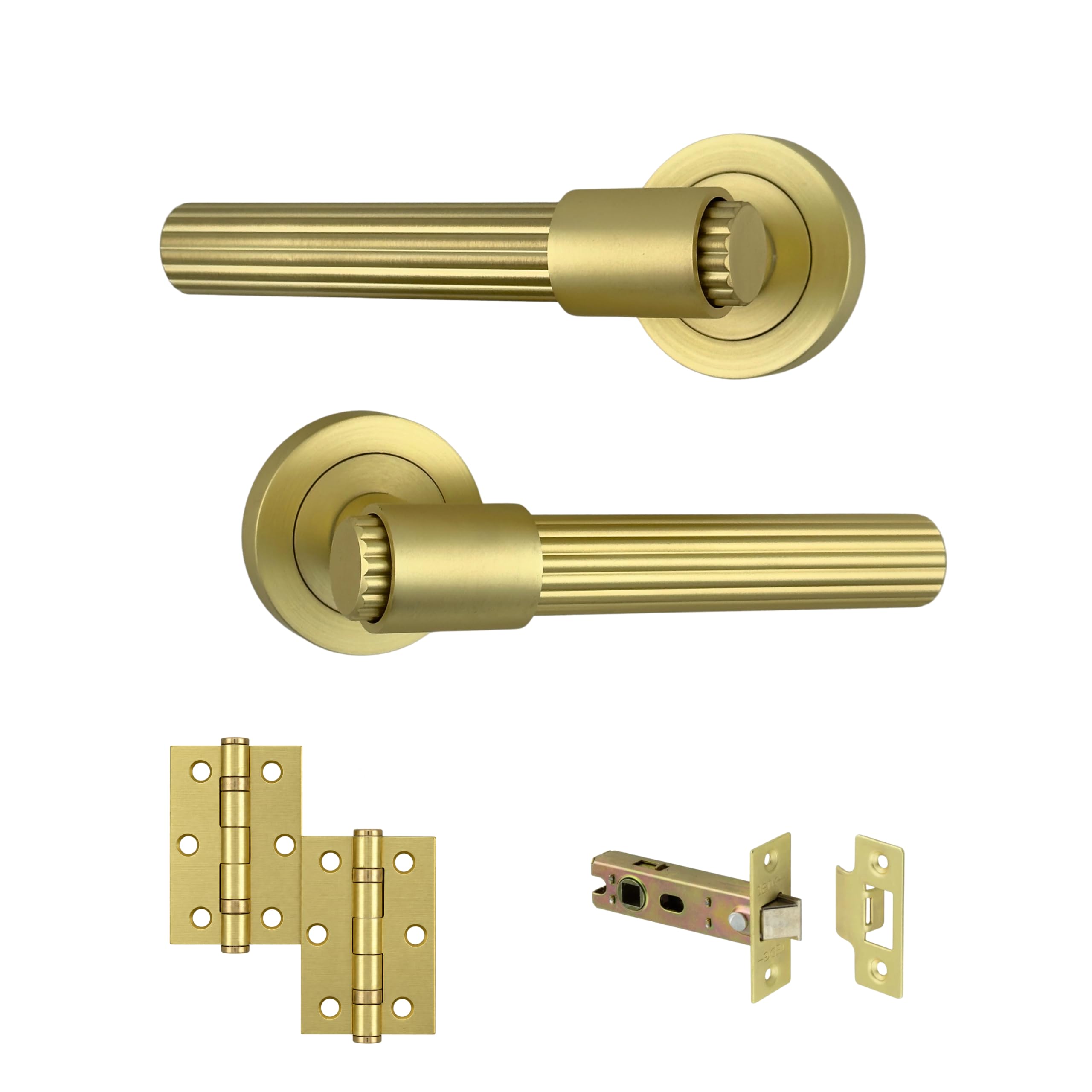 AXS Nevada Door Handle Pair on Rose – Internal Lever Handles with Stepped Collar Design – Latch & Bathroom Lock Options – Matt Black, Satin Brass, Antique Brass (Satin Brass, Door Pack)