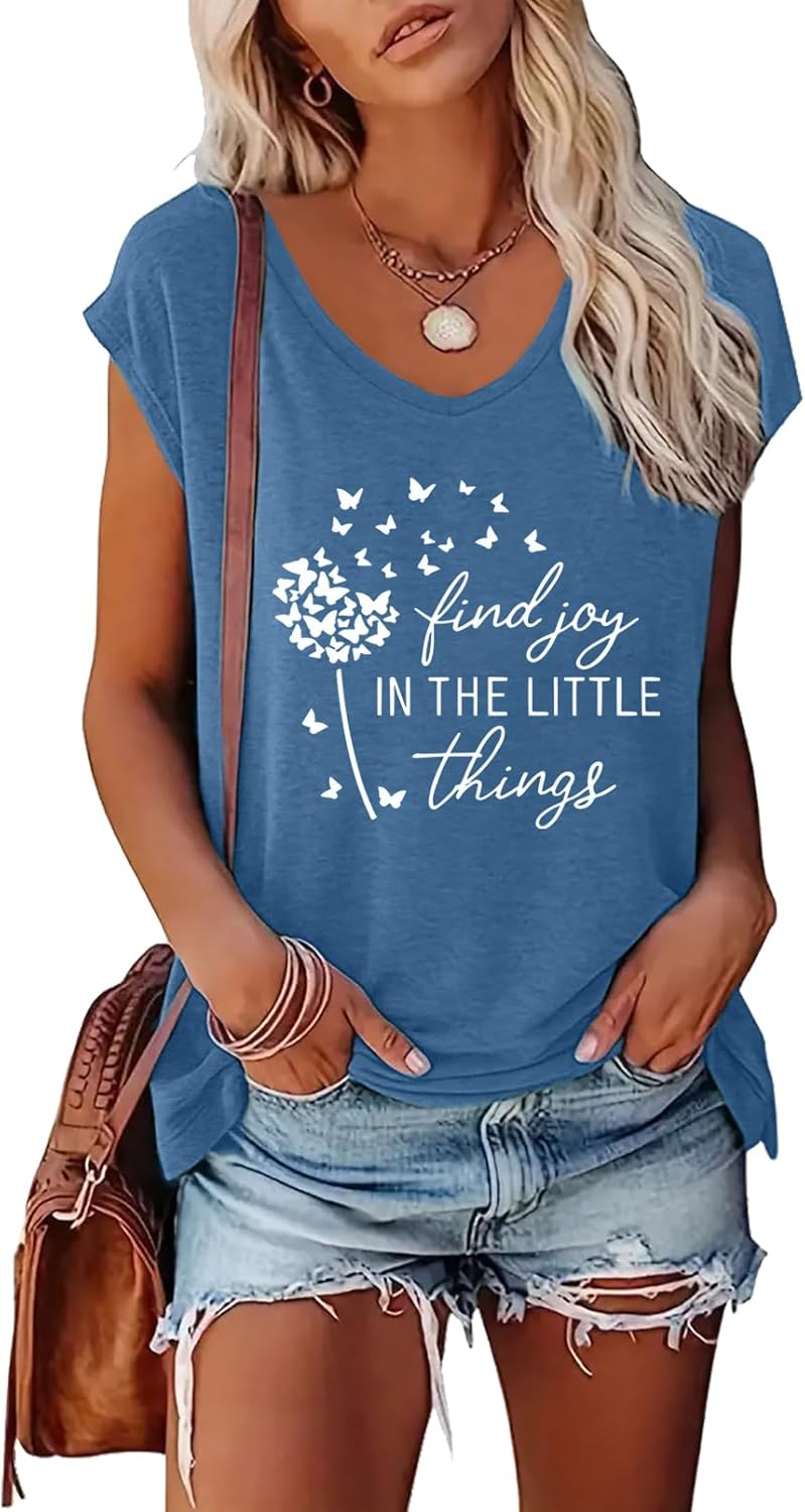 BLACKMYTH Women's V-Neck T-Shirt with Find Joy Print Cap Sleeve Tops