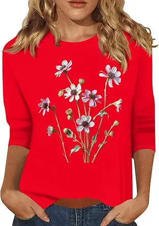HTHLVMD Womens 3/4 Length Sleeve Tops 2025 Fall Fashion Floral Print Crewneck Causal Trendy Tunic Tops for Women