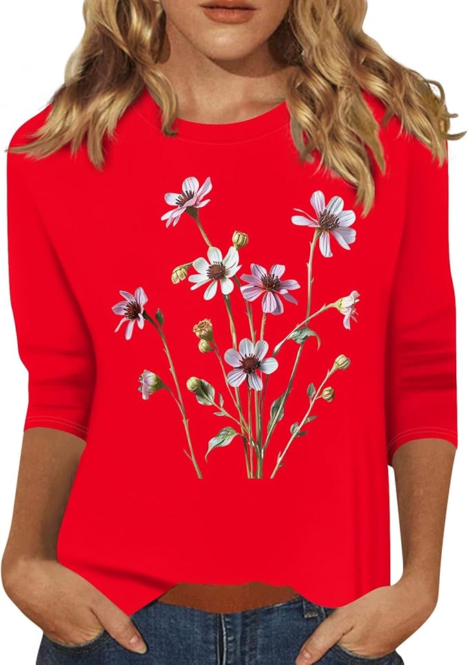 HTHLVMD Womens 3/4 Length Sleeve Tops 2025 Fall Fashion Floral Print Crewneck Causal Trendy Tunic Tops for Women