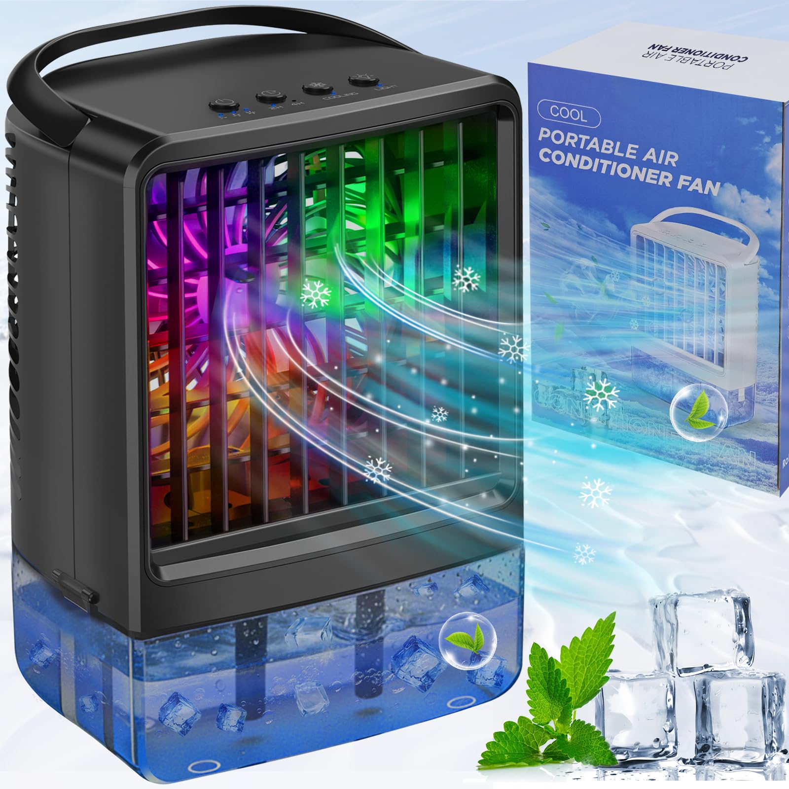 Portable Air Conditioners Cooling Fan,800ML Mini AC with Cool Mist, Small Portable Air Cooler with Handle,3 Speeds, 2/4H Timer, 7 Color LED Light, Quiet Desk Fan for Bedroom Home Office Room Outdoor