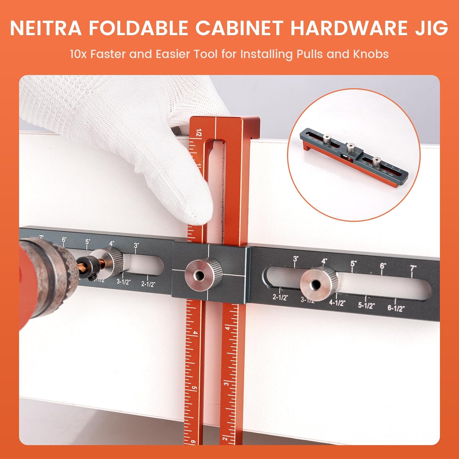 Neitra Cabinet Hardware Doweling Jig, 2.5-Inch to 7-Inch Hole Spacing Adjustable All-Metal Template Tool with Drill Guides and Depth Gauge for Installing Kitchen Drawer Handles, Pulls, and Knobs