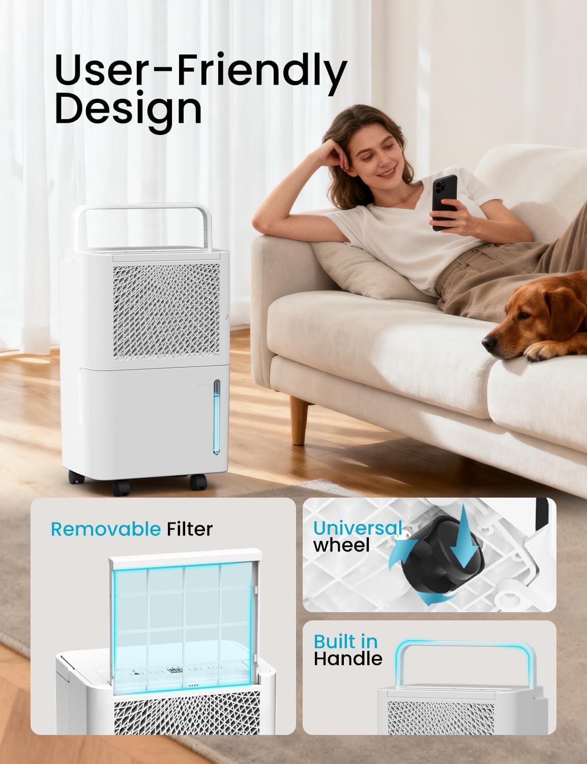 Diagram showing removable filter, universal wheel, and built-in handle of the dehumidifier