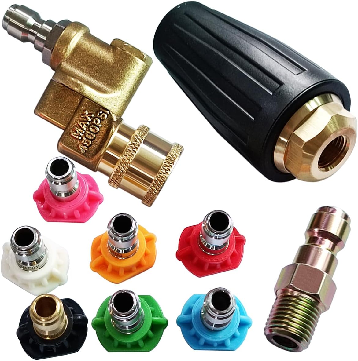 Pressure Washer Tips Turbo Rotating Nozzle Kit 4500PSI 3.0 GPM Power Water Sprayer Nozzle Tip 7 Multiple Degrees Cleaning Spray Nozzle Tips with 1/4” Rotating Quick Connector