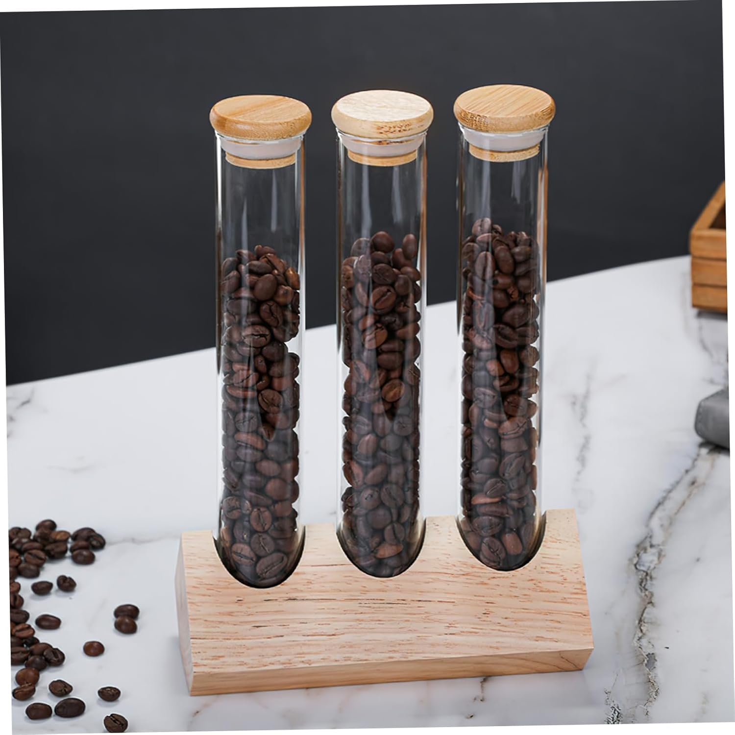 PRETYZOOM Coffee Beans Storage Jar with Wooden Display Rack Clear Glass Test Tubes for Ground Coffee and Spices Creative Organizer for Kitchen and Pantry
