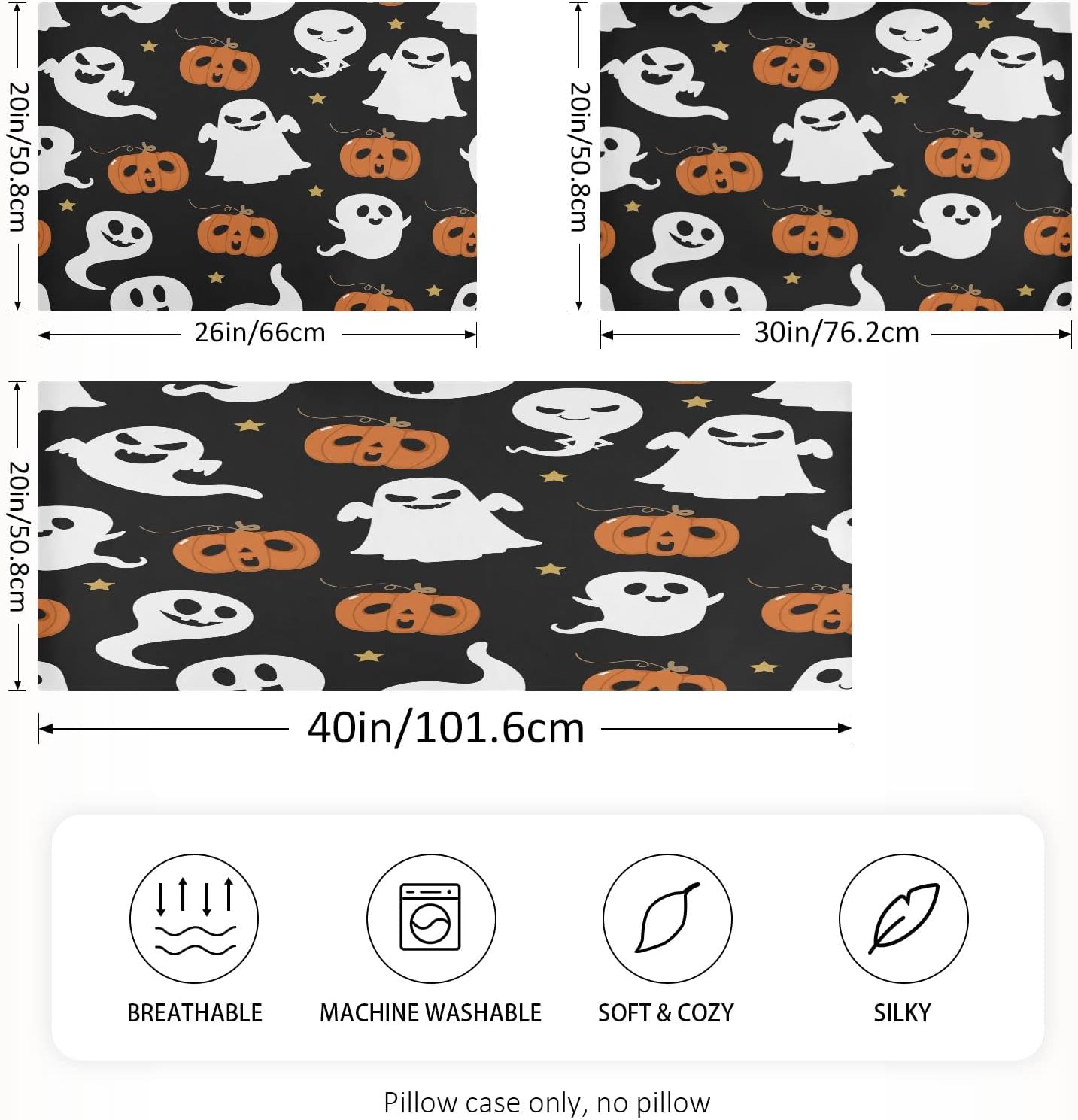 Satin Pillowcase for Hair and Skin, Halloween Ghosts with Pumpkin Silk Pillowcase Soft and Cozy Body Pillow Covers, King Size Satin Pillow Cases with Envelope Closure(20x40 Inch), 1PC image 2