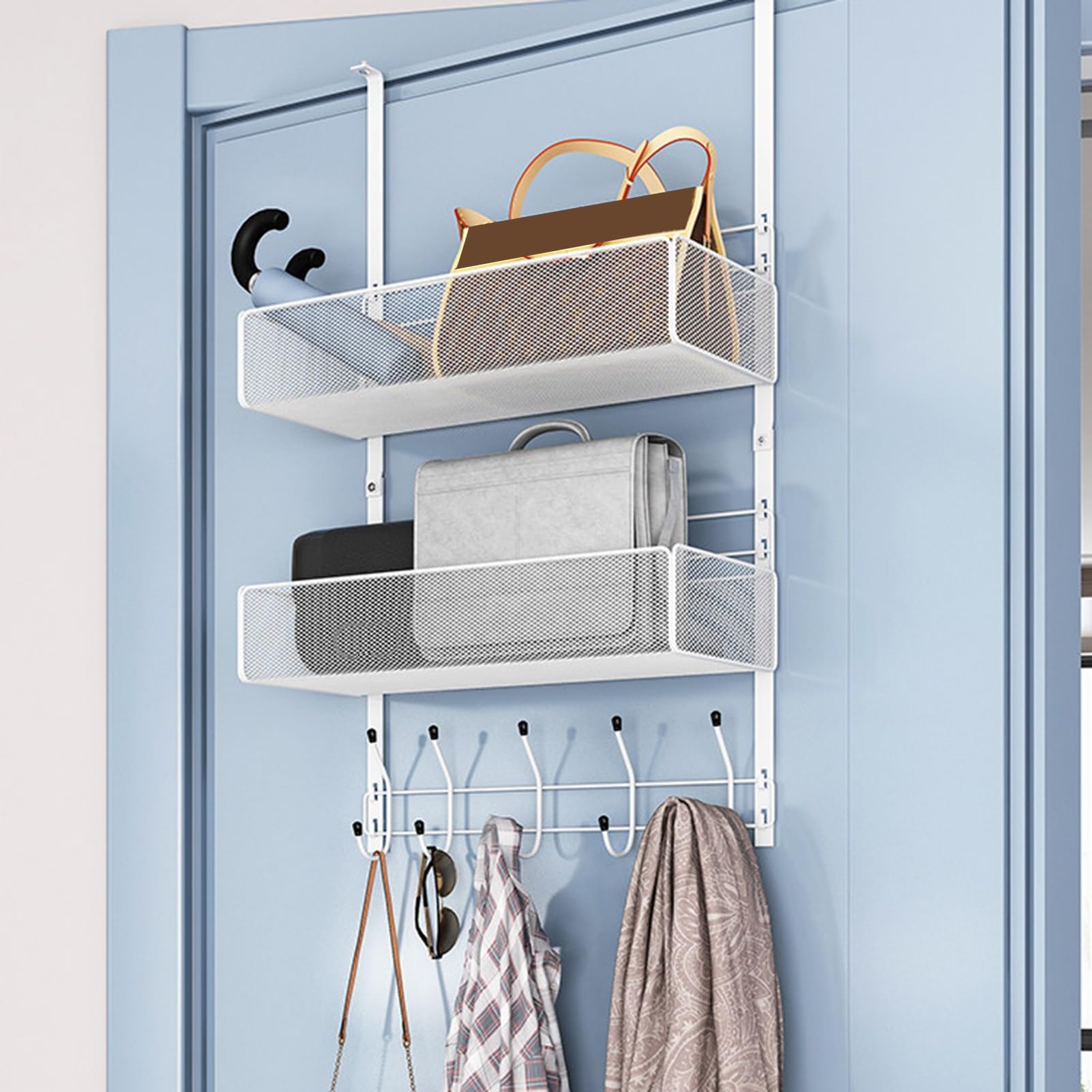 Organizzatore da Appendere alla Porta con cestini, in Metallo con 5 Ganci, per riporre Oggetti Dietro la Porta di Camera da Letto, Armadio, Bagno e dispensa (Nero)