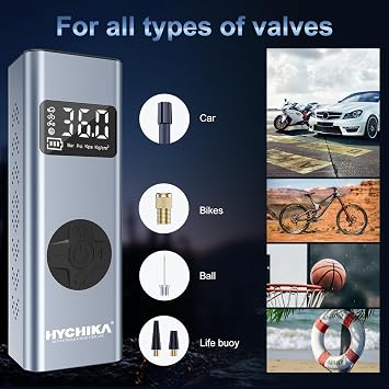 HYCHIKA Tire Inflator Portable Air Compressor, 12V 6000mAh USB Rechargeable Cordless Tire Inflator 150PS, with LED Light and Pressure Gauge Unit Switching (PSI/BAR/KPA/KG/CM2), 5 Accessories