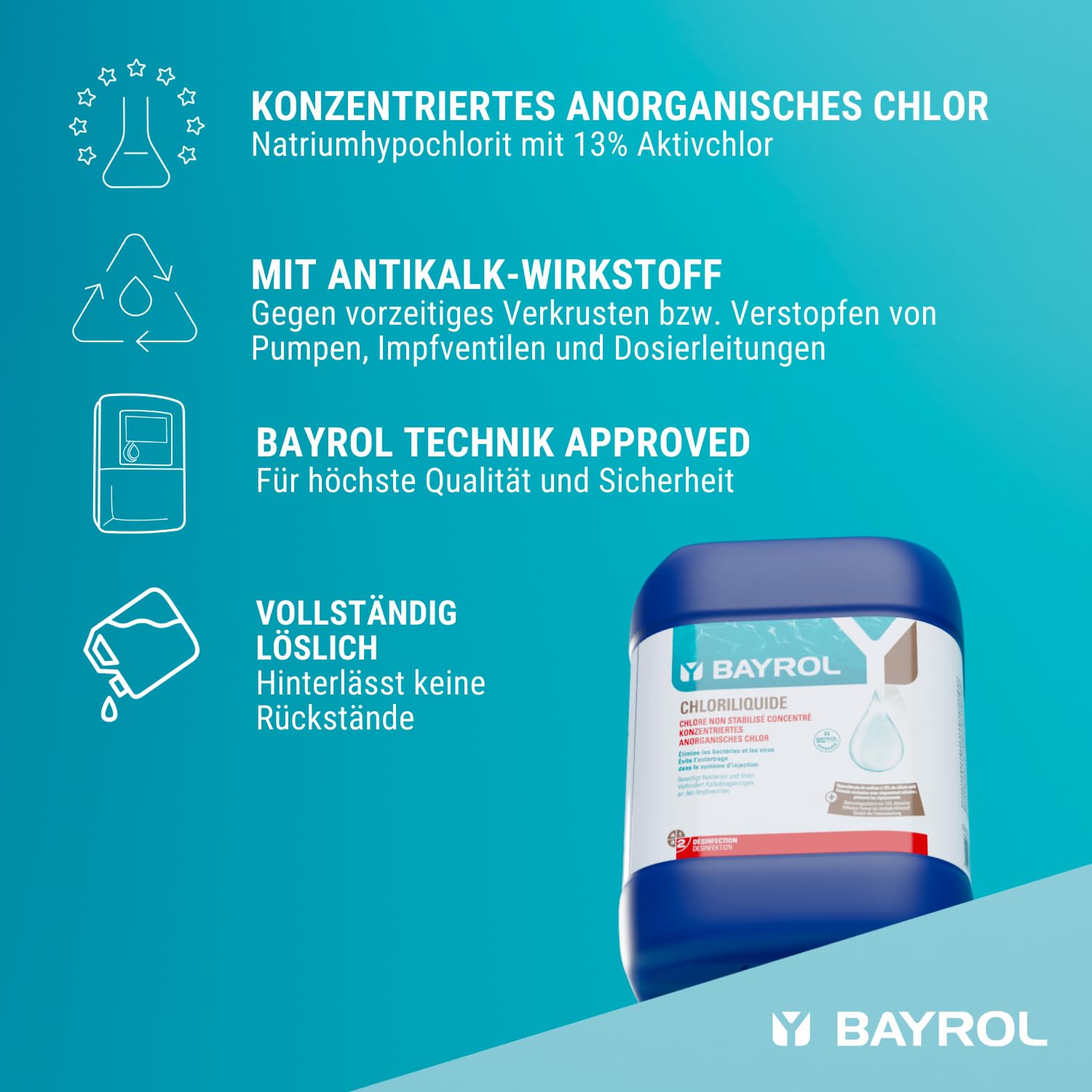 BAYROL Chloriliquide 20 L Flüssigchlor - Anorganisches Chlor flüssig für Pool - Ideal für Pool Dosieranlage - ohne Cyanursäure - Chlorbleichlauge - Chlor Pool
