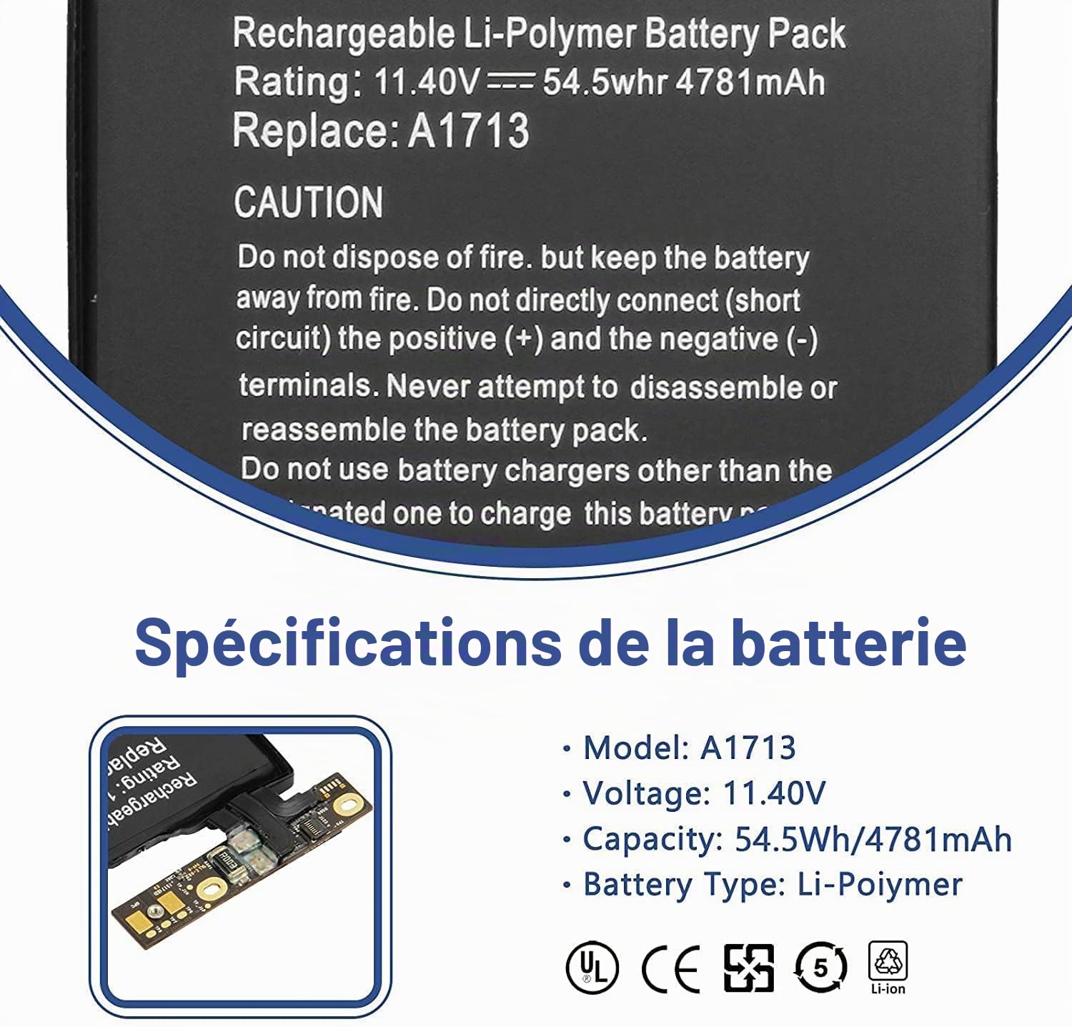 A1708 A1713 Batterie pour MacBook Pro 13 inch A1708(Late 2016 Mid 2017 EMC 2978 3164，A2171 Laptop Batterie pour MacBook Pro 13 inch A2159 (2019) A2289 (2020) A2338 (2020) 11.4V 54.5Wh 4781mAh