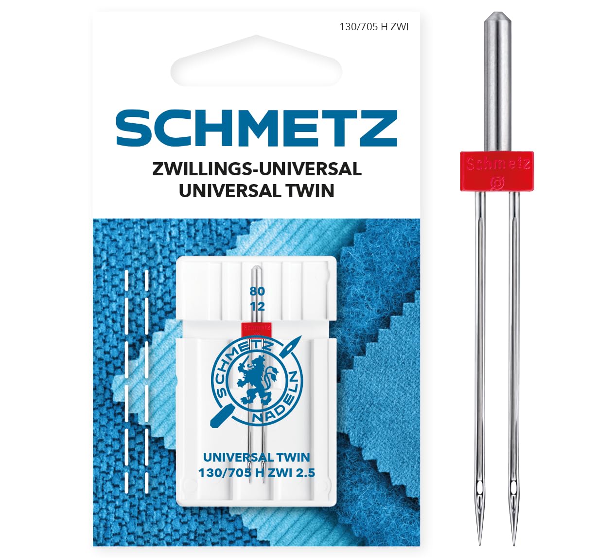 SCHMETZ | 1 Sewing Machine Needle | Universal Twin | 130/705 H ZWI 2.5 | Size 80/12 | Suitable for All Common Household Sewing Machines