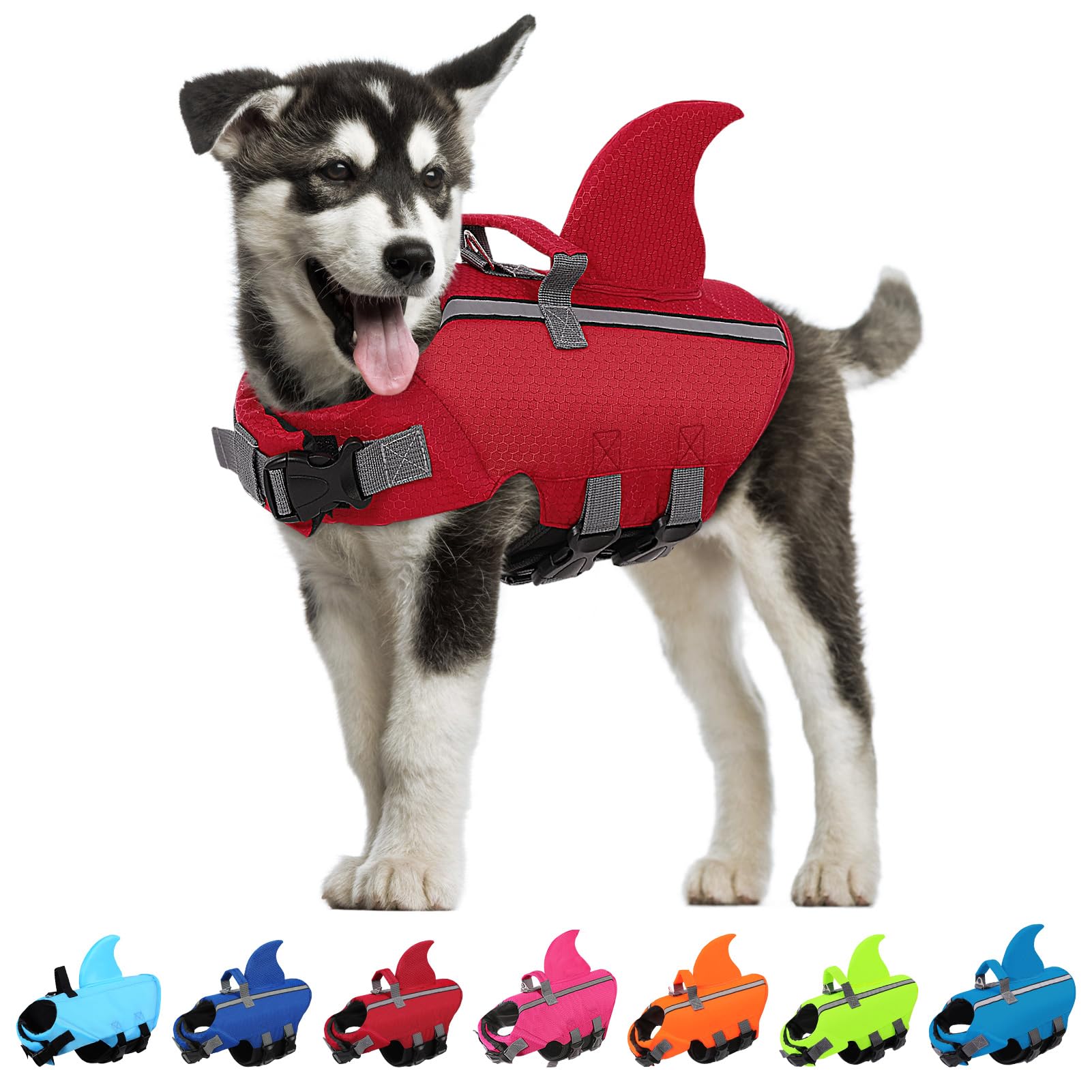 SUNFURA Dog Life Jacket Shark Life Vest for Dogs, Adjustable Swmming Vest with High Buoyancy, Safety Lifesaver with Rescue Handle for French Bulldog