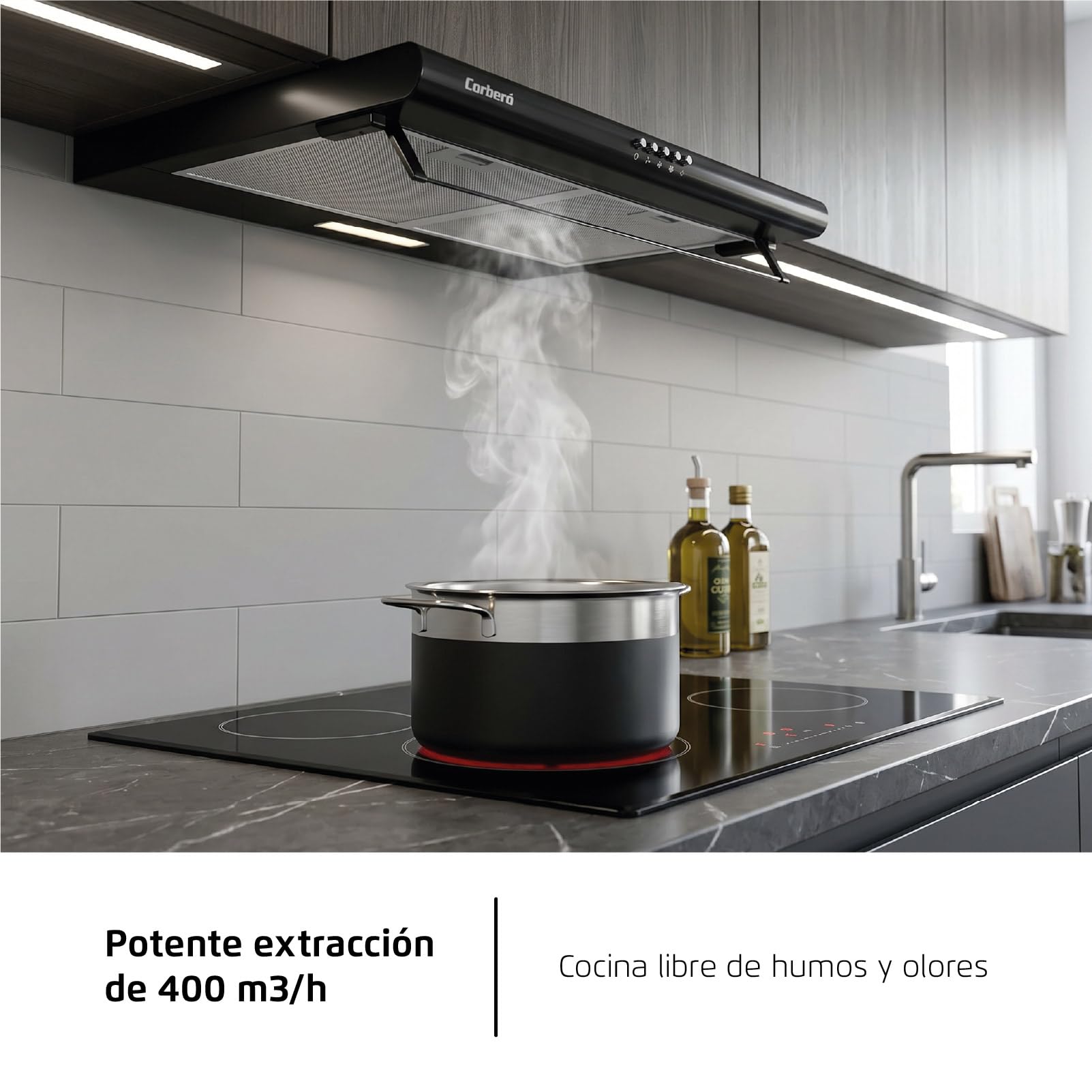 Corberó SELATI640B Okap konwencjonalny, 60 cm, Przepływ 400 m3/h, Kolor Czarny, 191,5 W, 3 Prędkości, 2 X Filtr Aluminium, Filtr węglowy, Efektywność energetyczna D