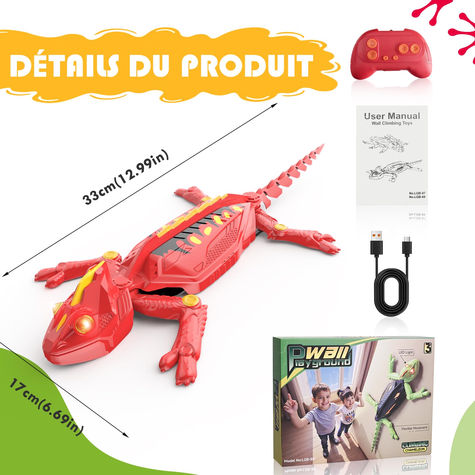 Weinsamkeit Gecko Radiocommandé 360° avec Lumières, – Lezard Télécommandé Rechargeable pour Enfants 3-12 Ans, Mouvements Réalistes, Parfait pour Garçons, Jouet d’Action Grimpant avec Lumière