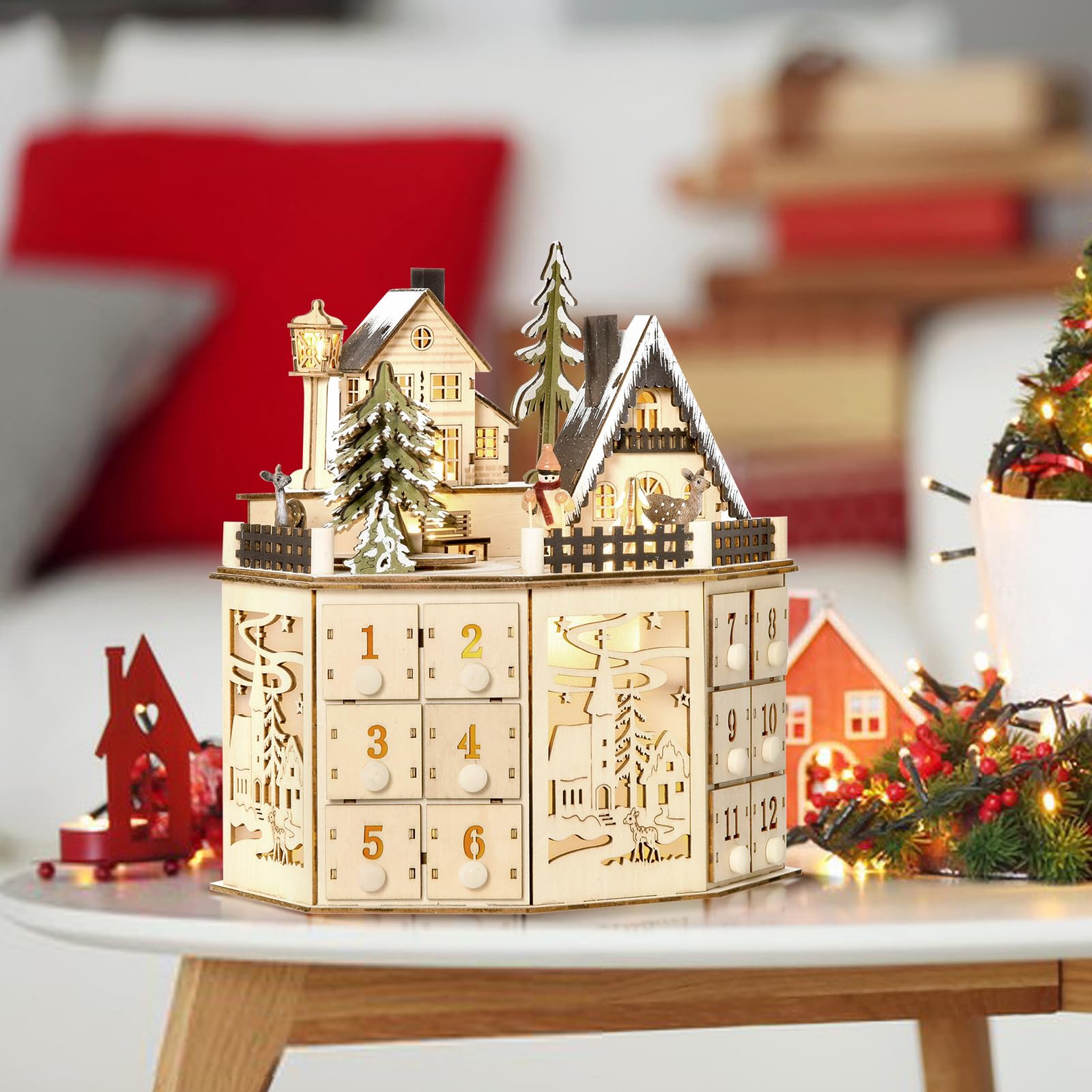 Calendario De Adviento De Madera Con 24 Cajones,Luces LED y Música (A)