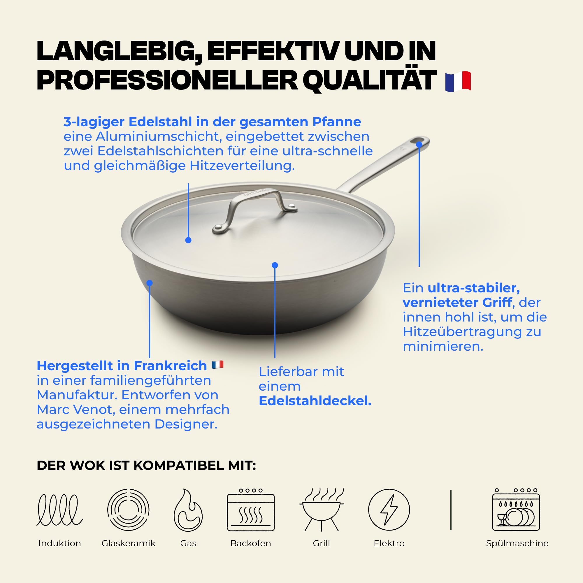 Atma - Wok Edelstahl 28 cm - 3-lagig - mit Deckel - PFAS- & PTFE-frei | Genieteter Griff - Edelstahl 18/10 Ohne Beschichtung & PTFE - Gesundes Garen - Alle Herdarten - Frankreich