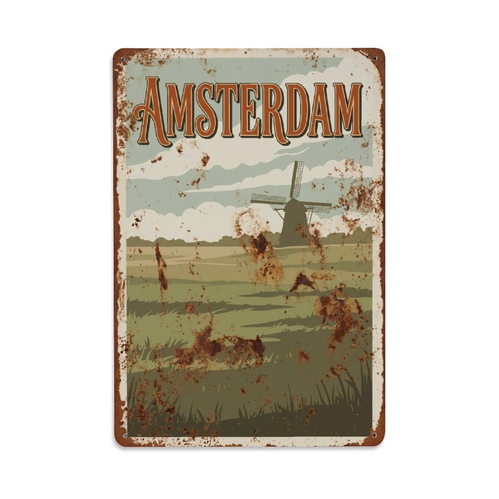 Amsterdam Meadow Windmill Garden Vintage Country Travel Metal Tin Sign Plaque Wall Decor for Cafe, Man Cave, Club Bar, Office, Home Garden Round Metal Poster 8x12Inch