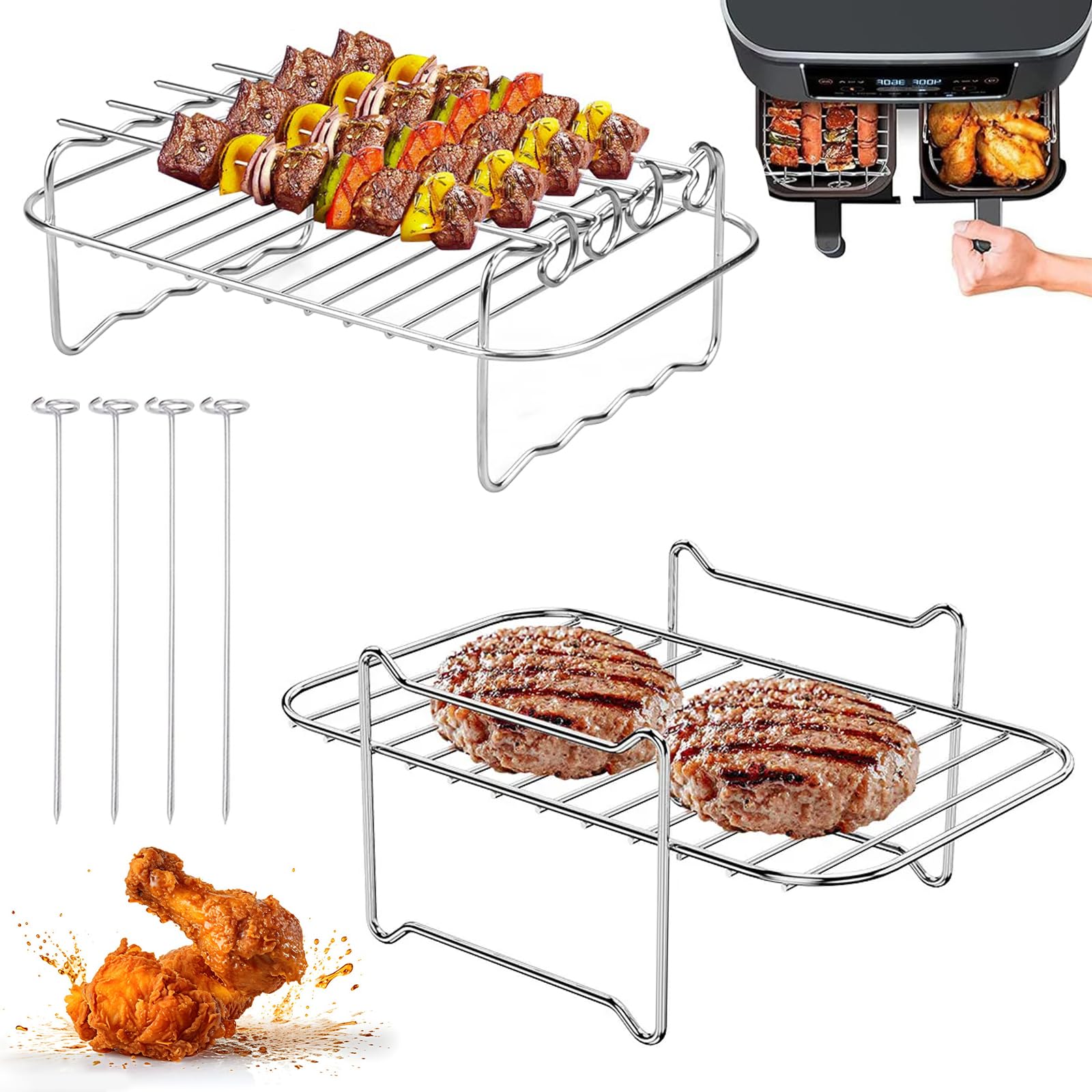 Omevett 2 Pcs Air Fryer Rack Stainless Steel Airfryer Rack with 4 Skewers Square Air Fryer Grill Rack Airfryer Accessories for Ninja Dual, Instant Vortex Plus, Most 3.7-5.8 Qt Air Fryers Ovens