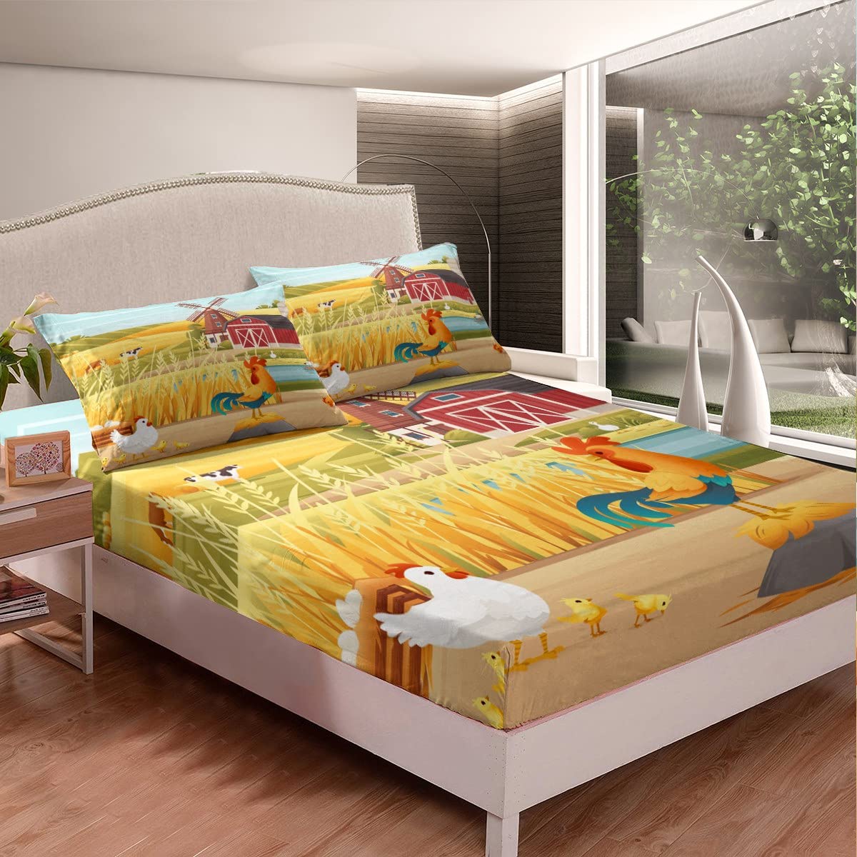 Feelyou Happy Farm Set Biancheria Da Letto Bambino 3 Pezzi - Lenzuolo Con Angoli E Federe Con Animali Cartoon, Queen Size