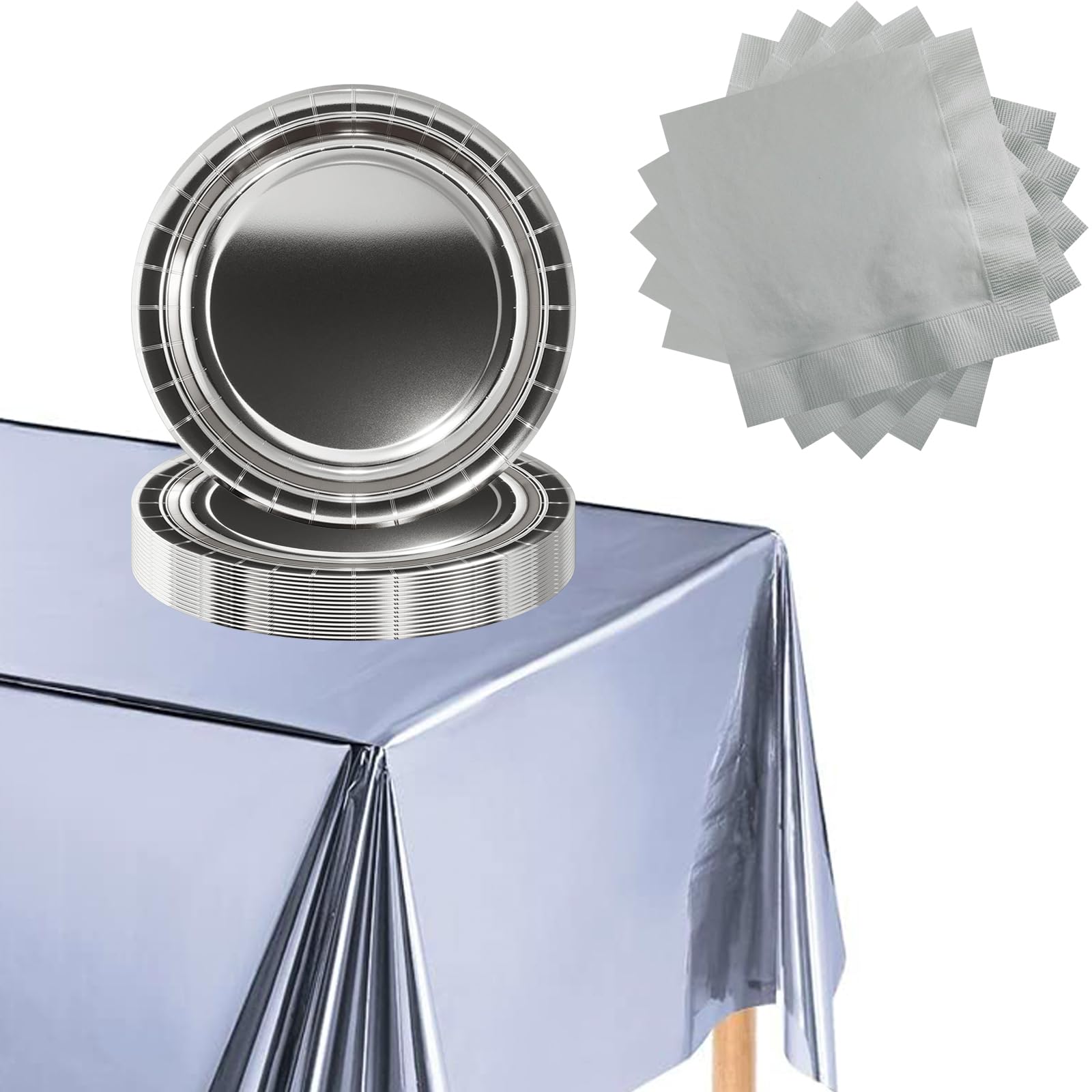 37Pcs Metallic Silver Foil Party Tableware Set,SilverFoil Dinnerset,SilverFoil Table Cloth,Silver Paper Plates,Napkins for Birthday,Chritmas,Wedding,Valentine's Day,Retirement Party Table Decor