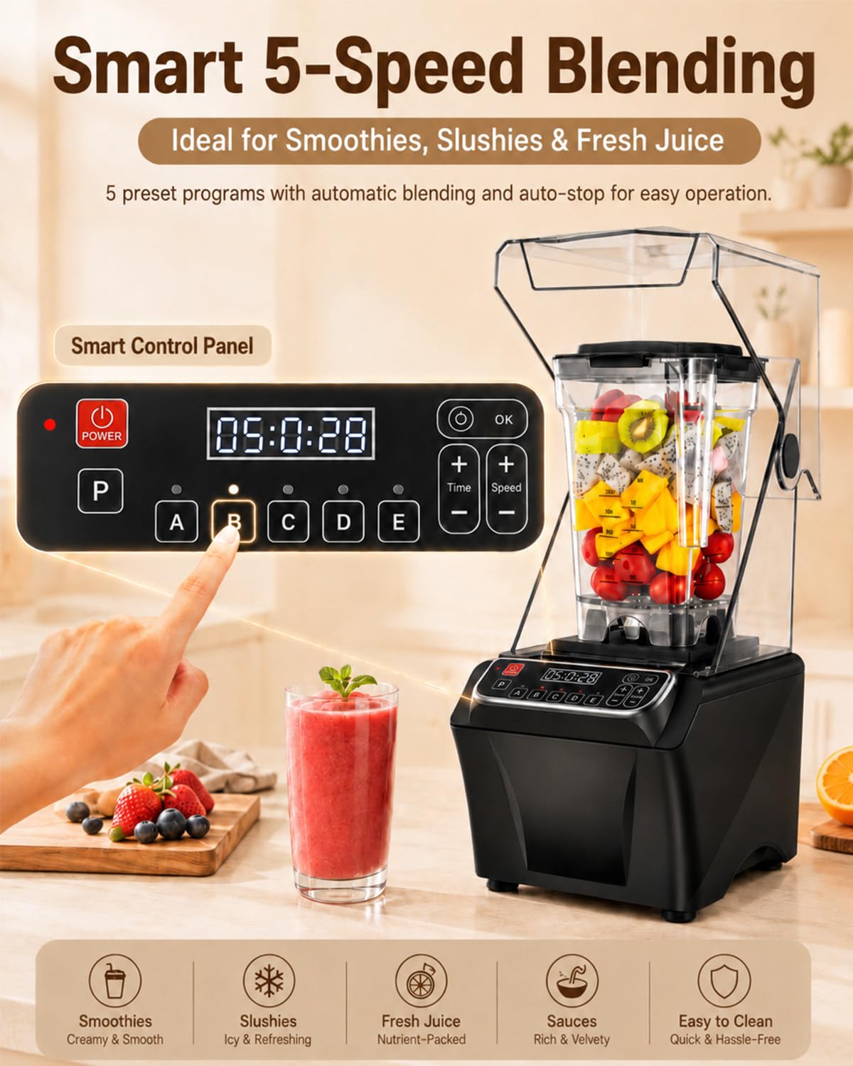 Frullatore Commerciale 2000W, 2L, 38.000 Giri/min, Lame Inox, LED