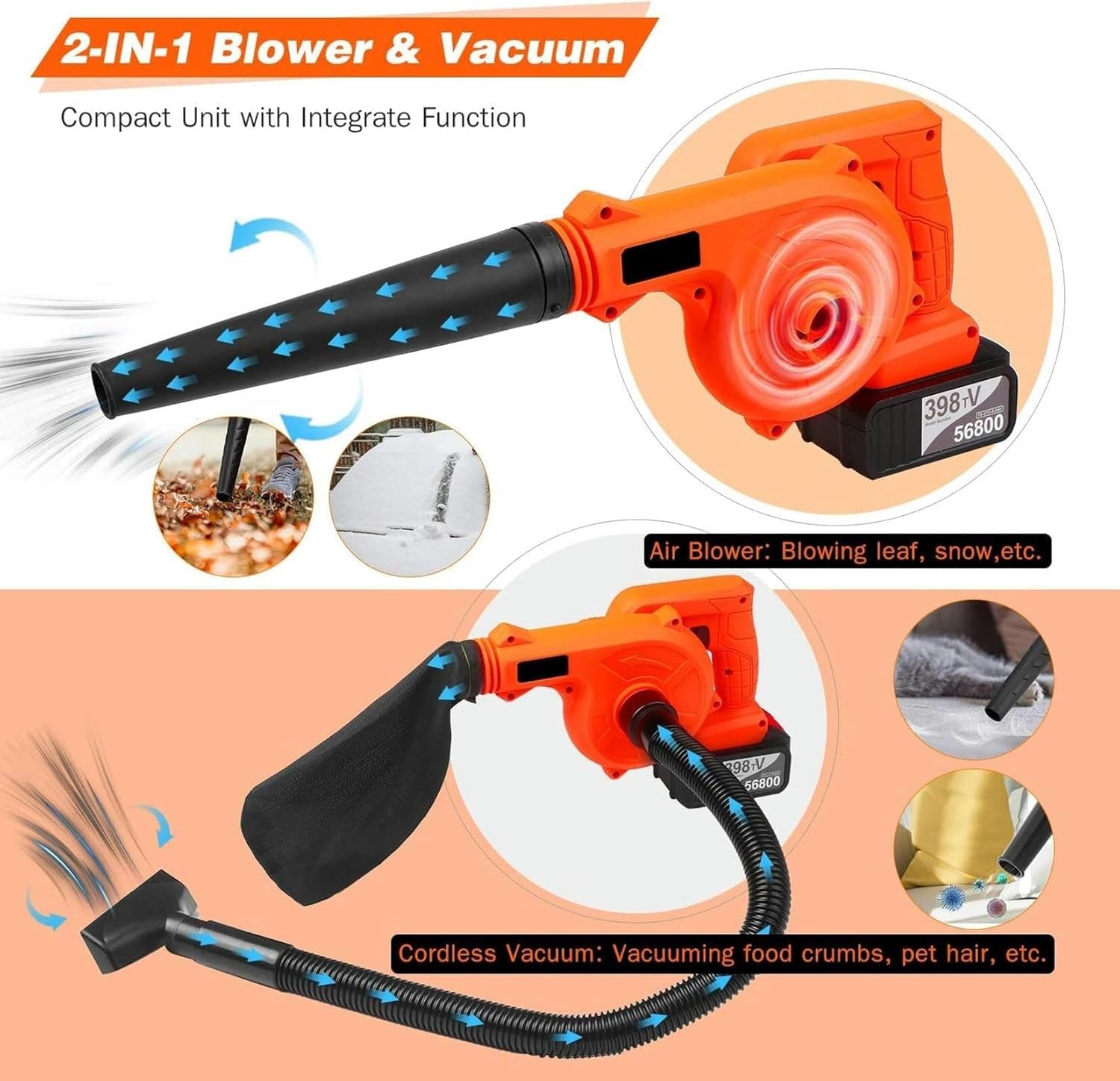 Cordless Leaf Blower Vacuum 21V 2-Pack 4.0Ah Lithium Battery, 2-in-1 Blower & Vacuum with Suction Hose & Carry Box